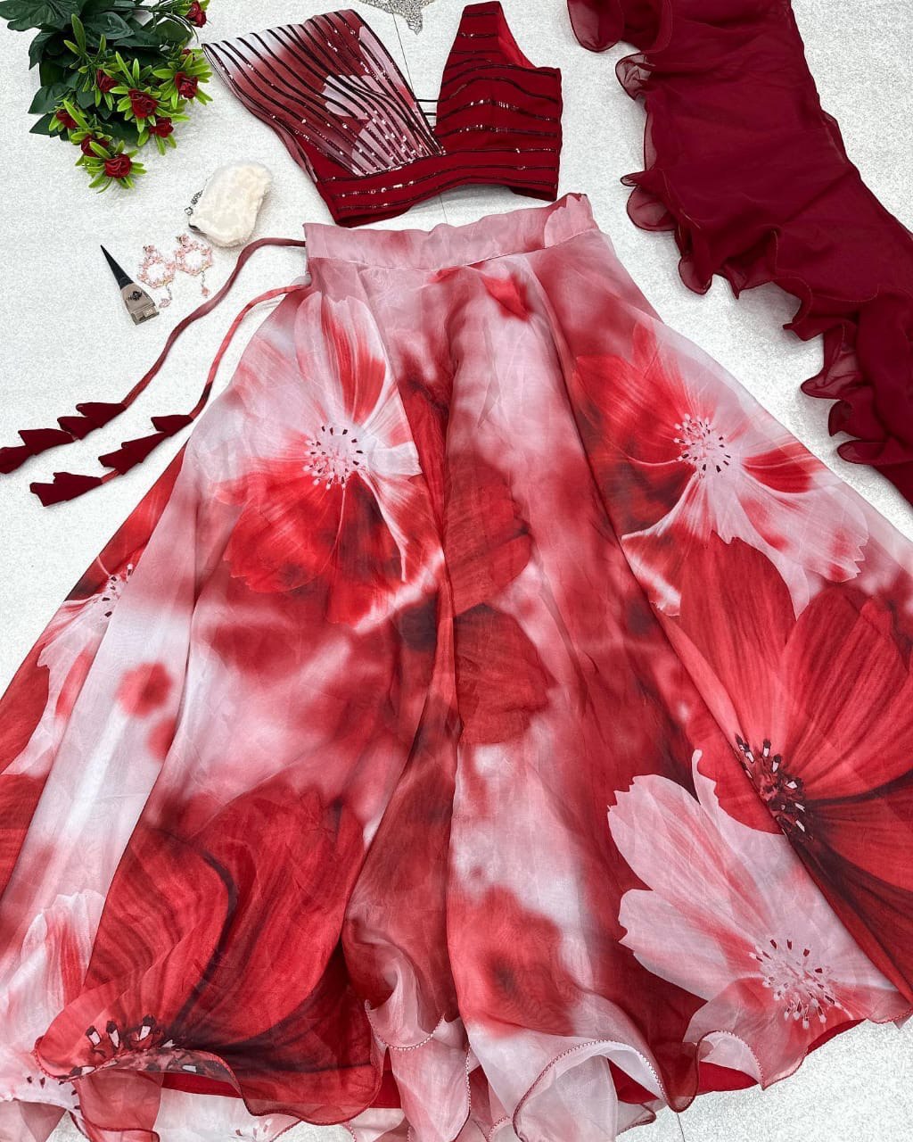 Fabulous Beautiful Flower Printed Organza Silk Lehenga Choli - Ethnicwish