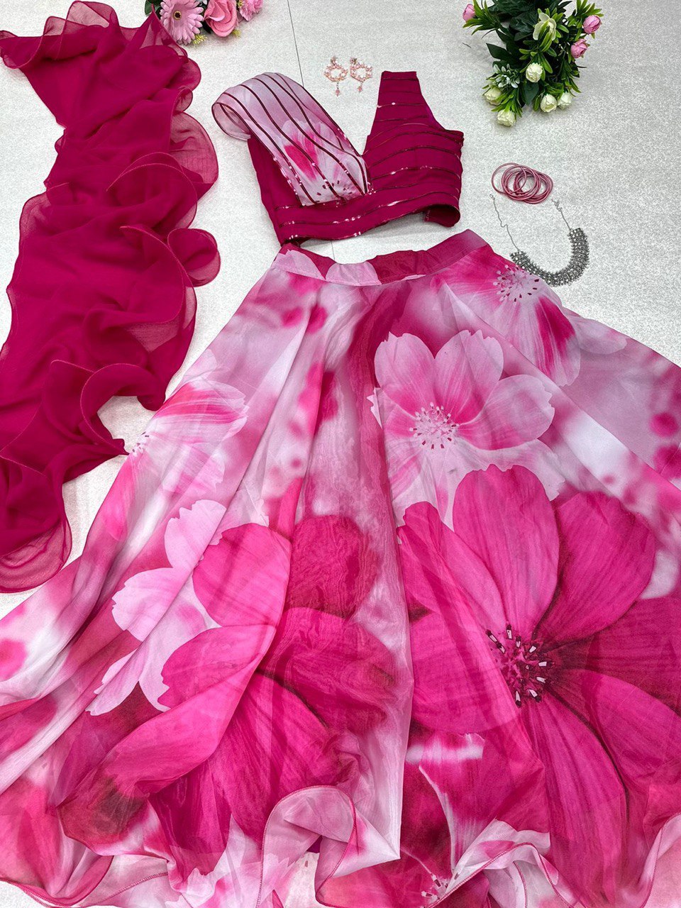 Fabulous Beautiful Flower Printed Organza Silk Lehenga Choli - Ethnicwish