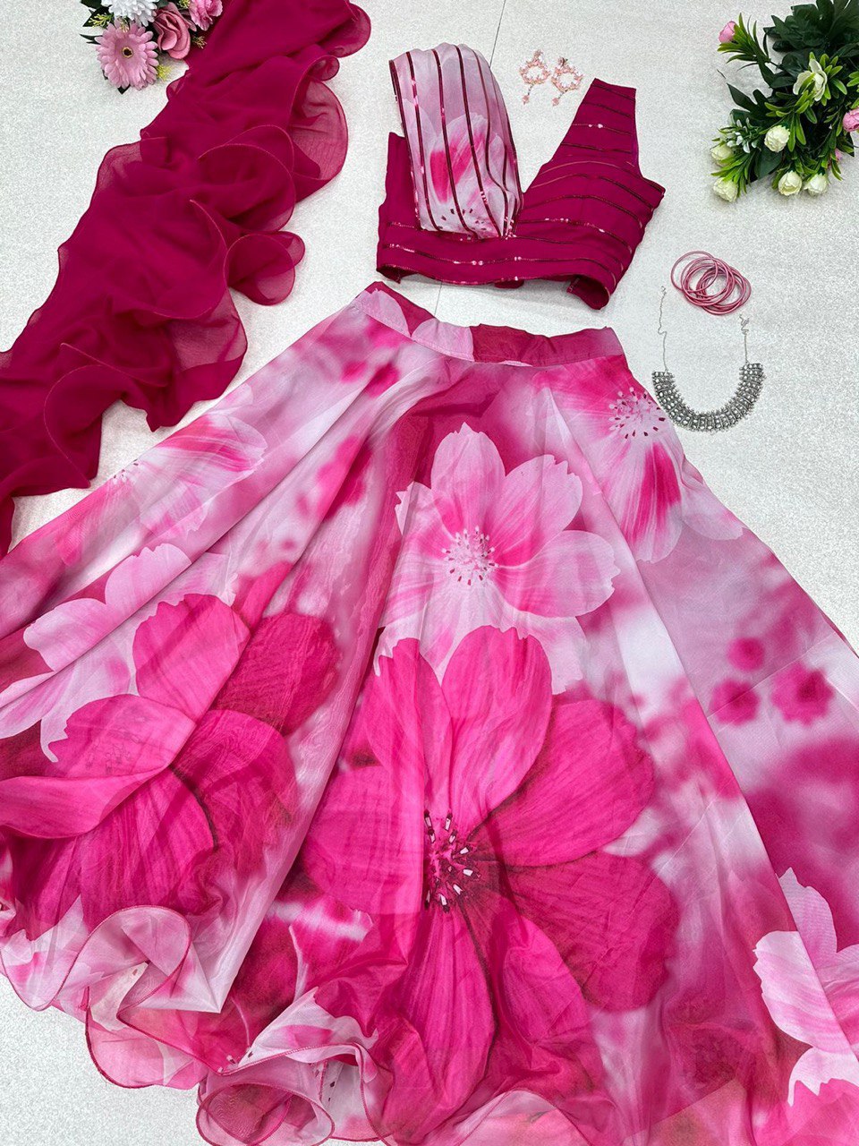 Fabulous Beautiful Flower Printed Organza Silk Lehenga Choli - Ethnicwish