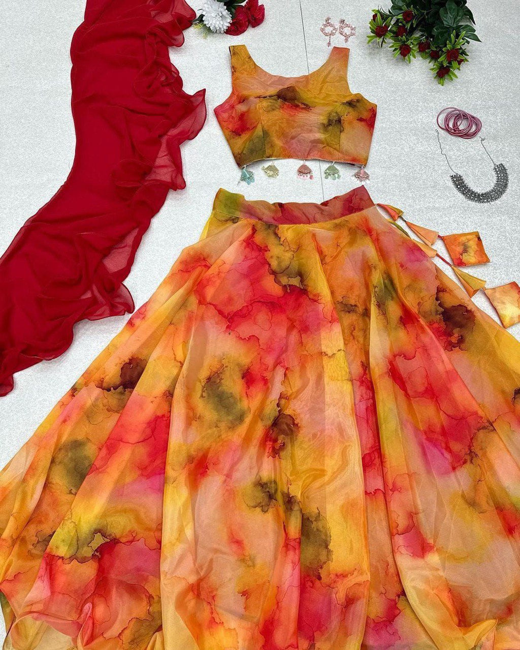 Winsome Yellow Organza Silk Floral Printed Stitched Lehenga Choli Set - Ethnicwish