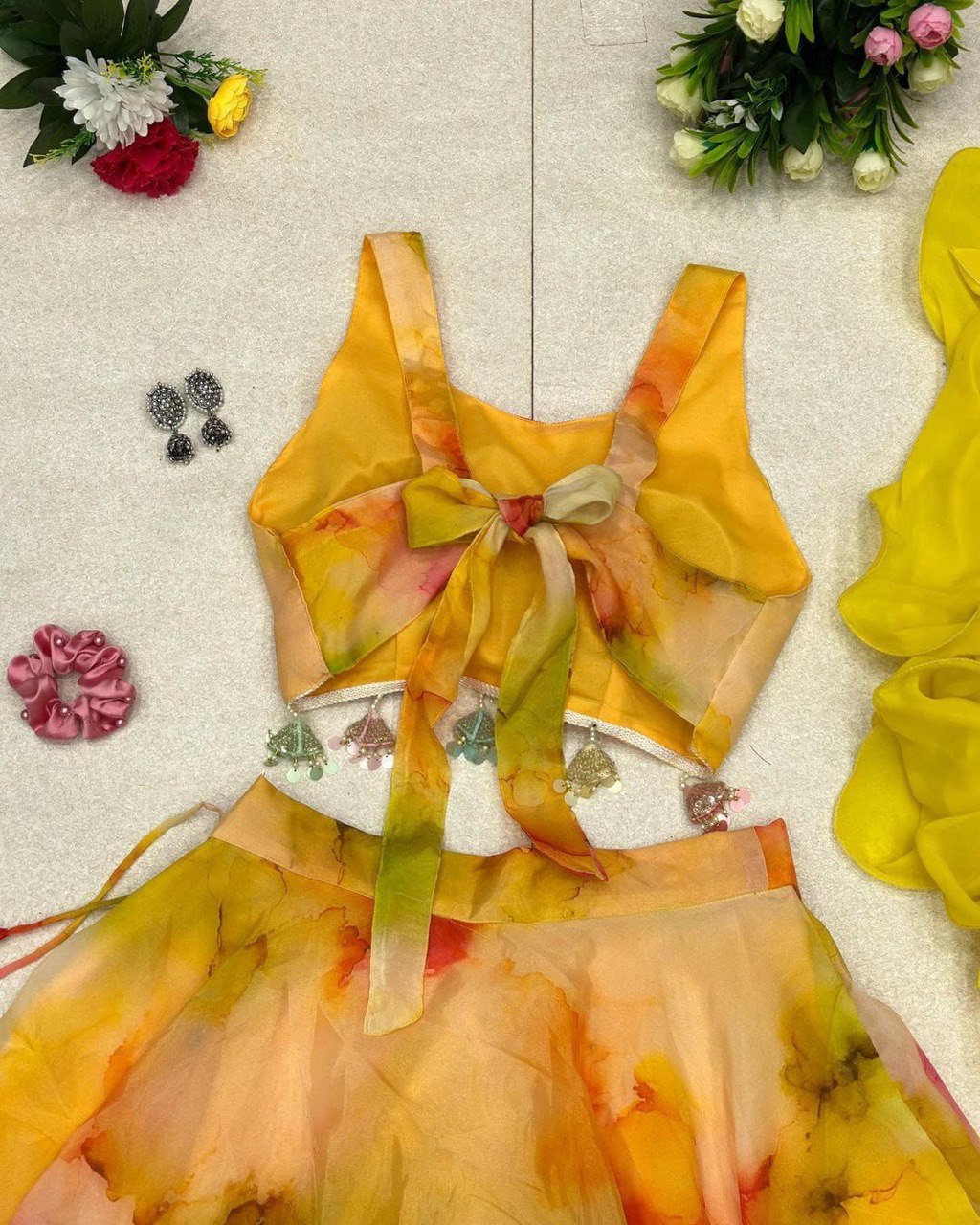 Winsome Yellow Organza Silk Floral Printed Stitched Lehenga Choli Set - Ethnicwish