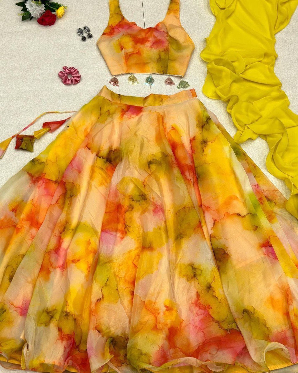 Winsome Yellow Organza Silk Floral Printed Stitched Lehenga Choli Set - Ethnicwish