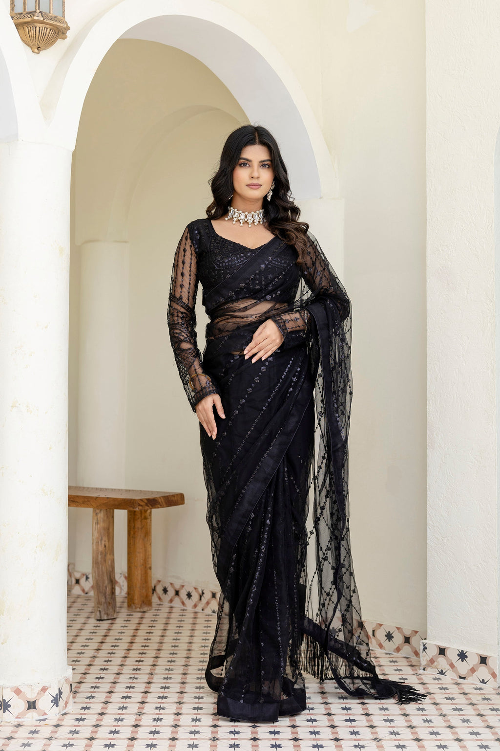 Black Soft Net Sequin Work Party Wear Saree with Full Sleeve Blouse - ETHNICDEAL