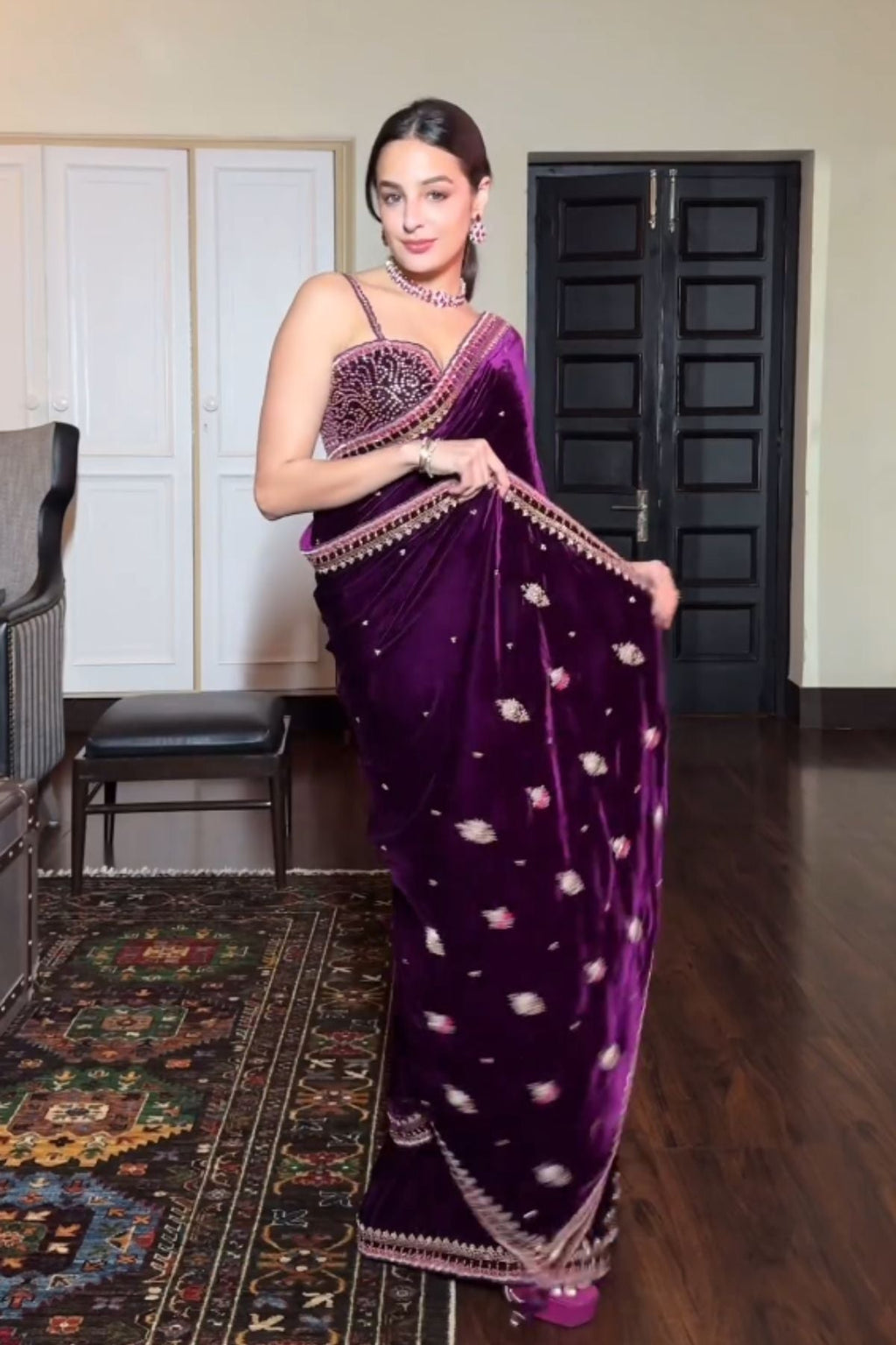 Premium Purple Gorgeous Velvet Saree with Sequin, Dori & Thread Work – Unstitched Blouse & Belt