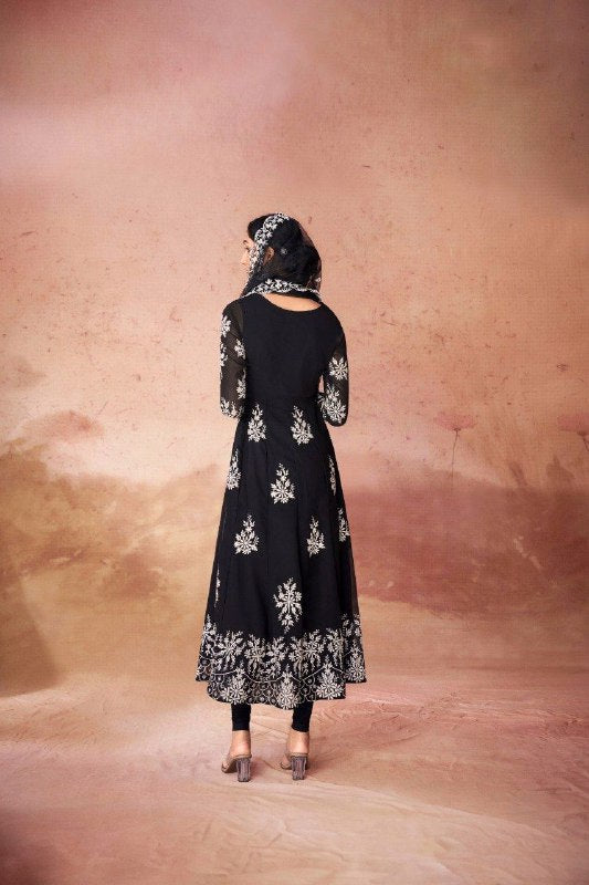 Black Elegant Georgette Embroidered Anarkali Pant Suit - ETHNICDEAL