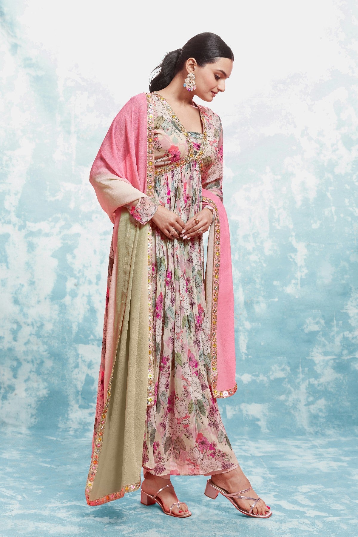 Elegant Floral Printed Georgette Anarkali Pant Suit - ETHNICDEAL