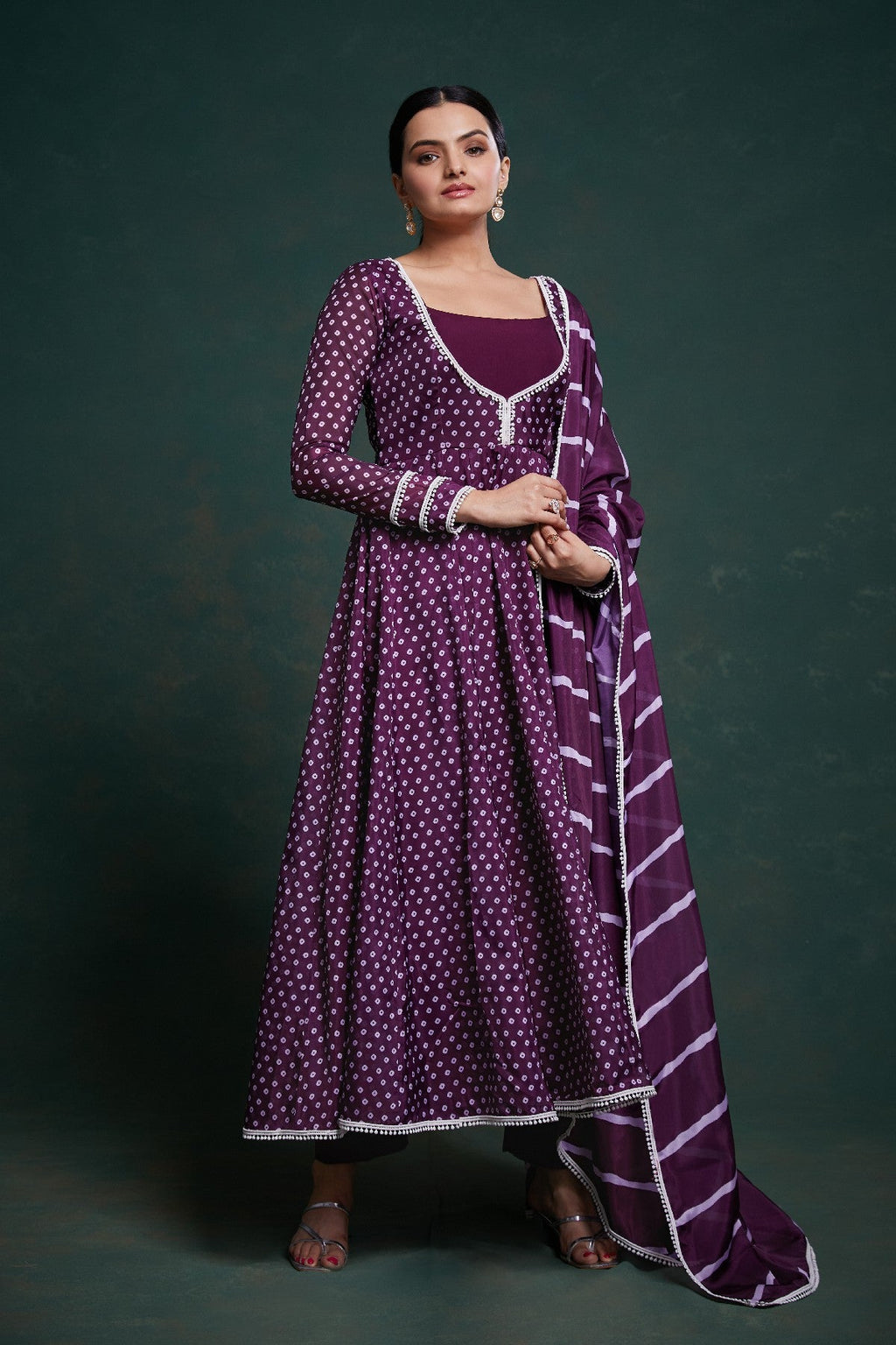 Elegant Purple Crepe Digital Printed Anarkali Pant Suit - ETHNICDEAL