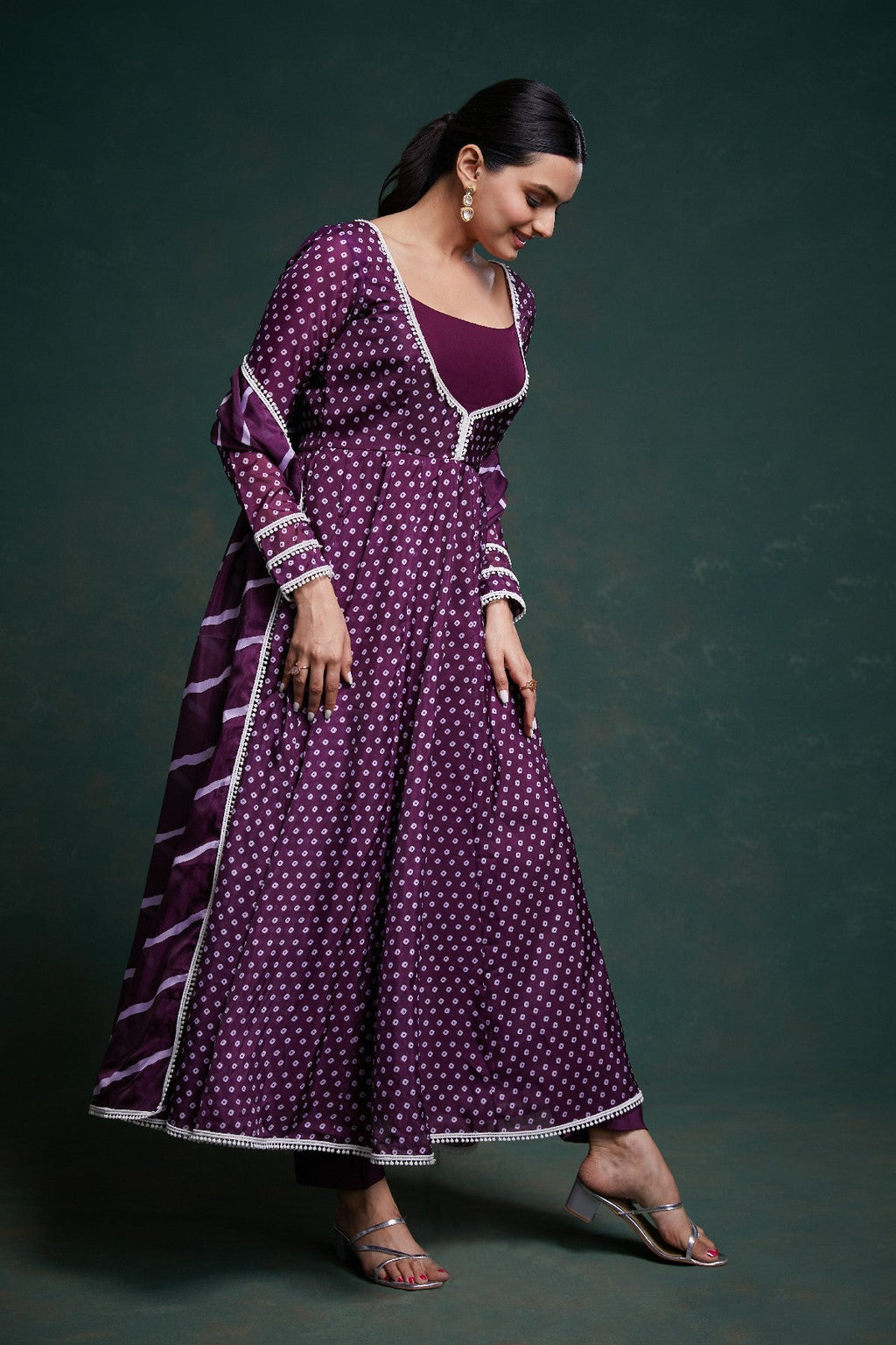 Elegant Purple Crepe Digital Printed Anarkali Pant Suit - ETHNICDEAL