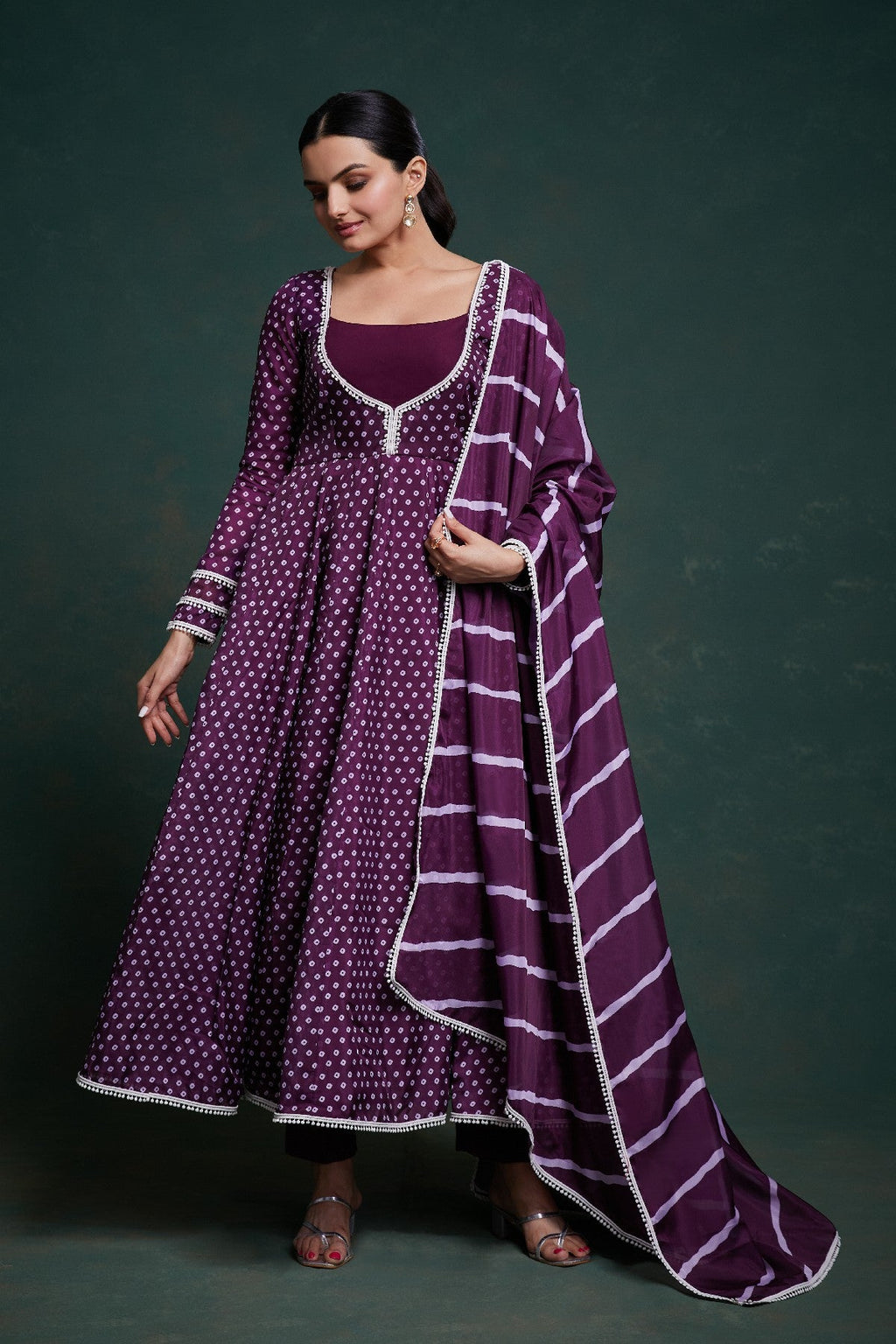 Elegant Purple Crepe Digital Printed Anarkali Pant Suit - ETHNICDEAL