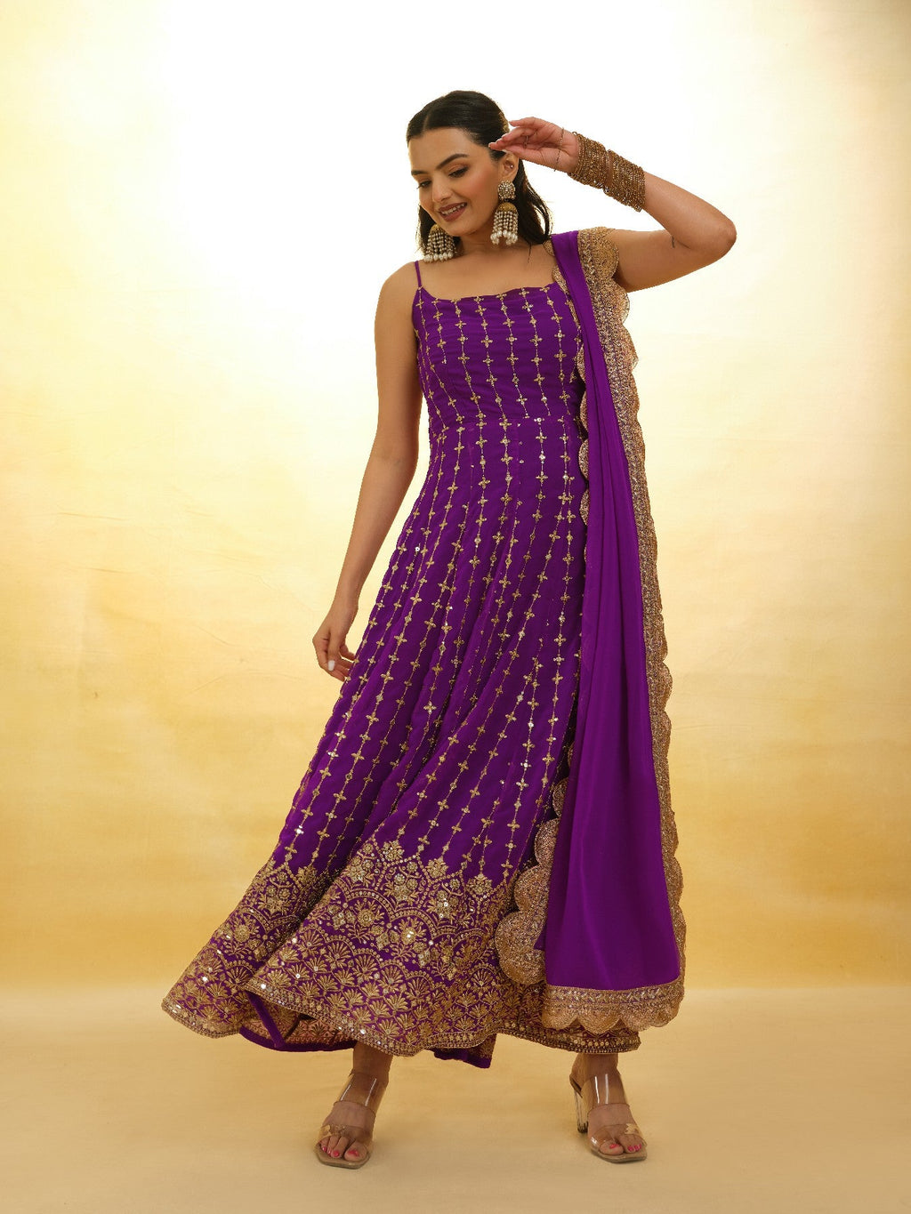 Elegant Wine Georgette Embroidered Anarkali Pant Suit - ETHNICDEAL