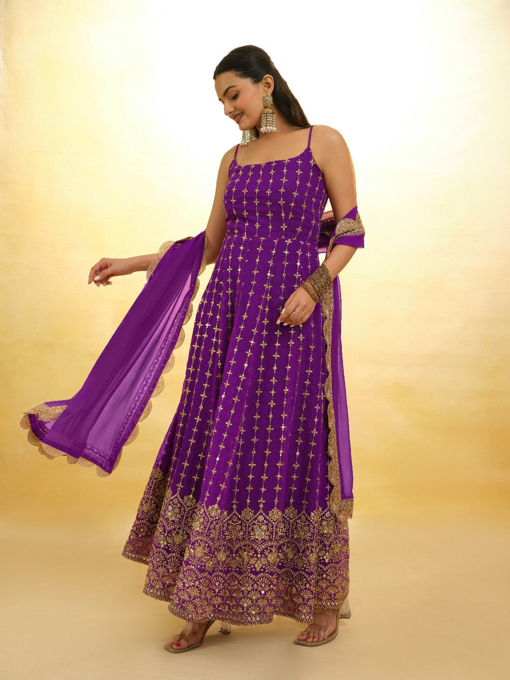 Elegant Wine Georgette Embroidered Anarkali Pant Suit - ETHNICDEAL