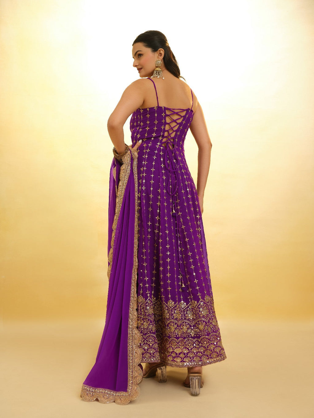 Elegant Wine Georgette Embroidered Anarkali Pant Suit - ETHNICDEAL