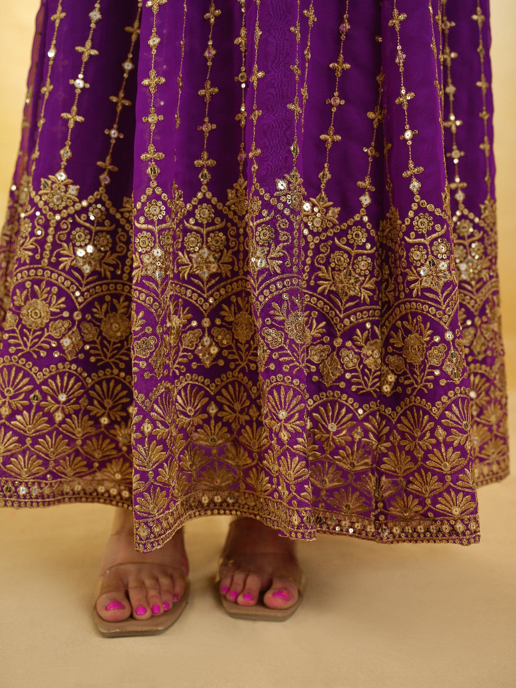 Elegant Wine Georgette Embroidered Anarkali Pant Suit - ETHNICDEAL