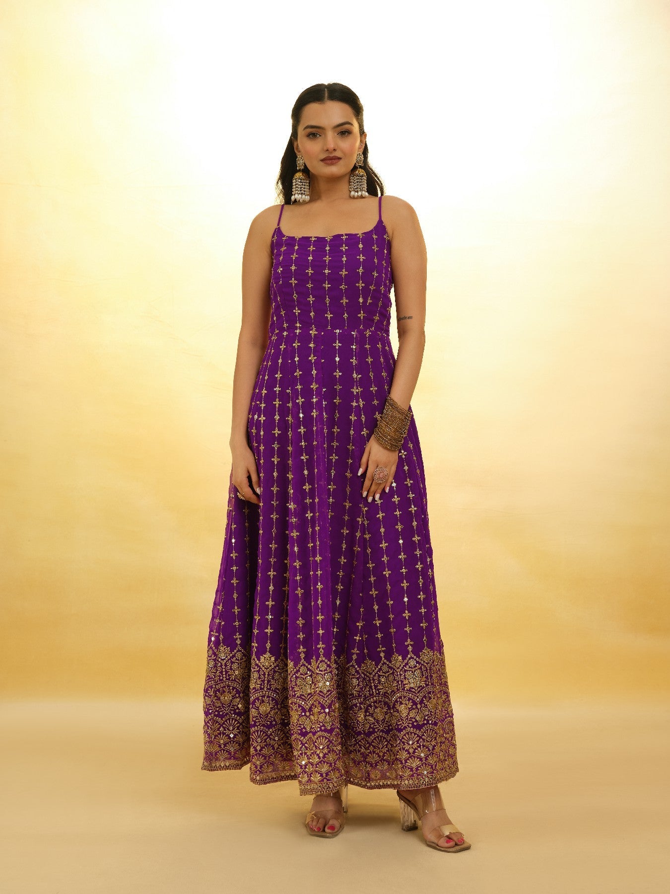 Elegant Wine Georgette Embroidered Anarkali Pant Suit - ETHNICDEAL