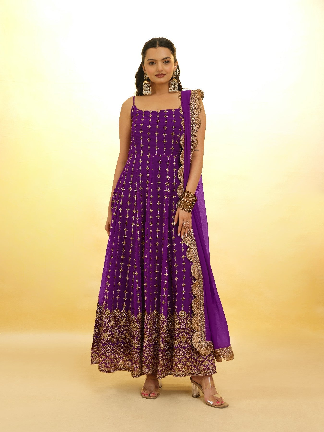 Elegant Wine Georgette Embroidered Anarkali Pant Suit - ETHNICDEAL