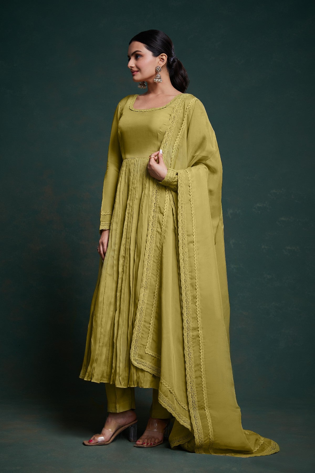 Green Organza Fully Stitched Fully Flared Anarkali Pant Suit - ETHNICDEAL