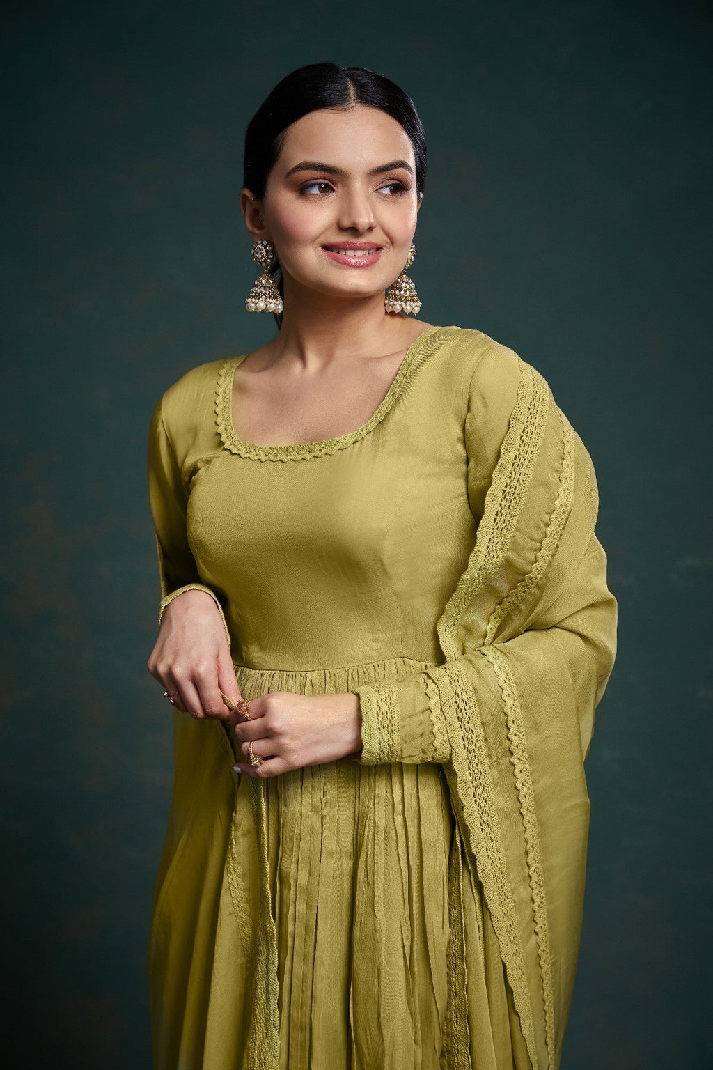 Green Organza Fully Stitched Fully Flared Anarkali Pant Suit - ETHNICDEAL