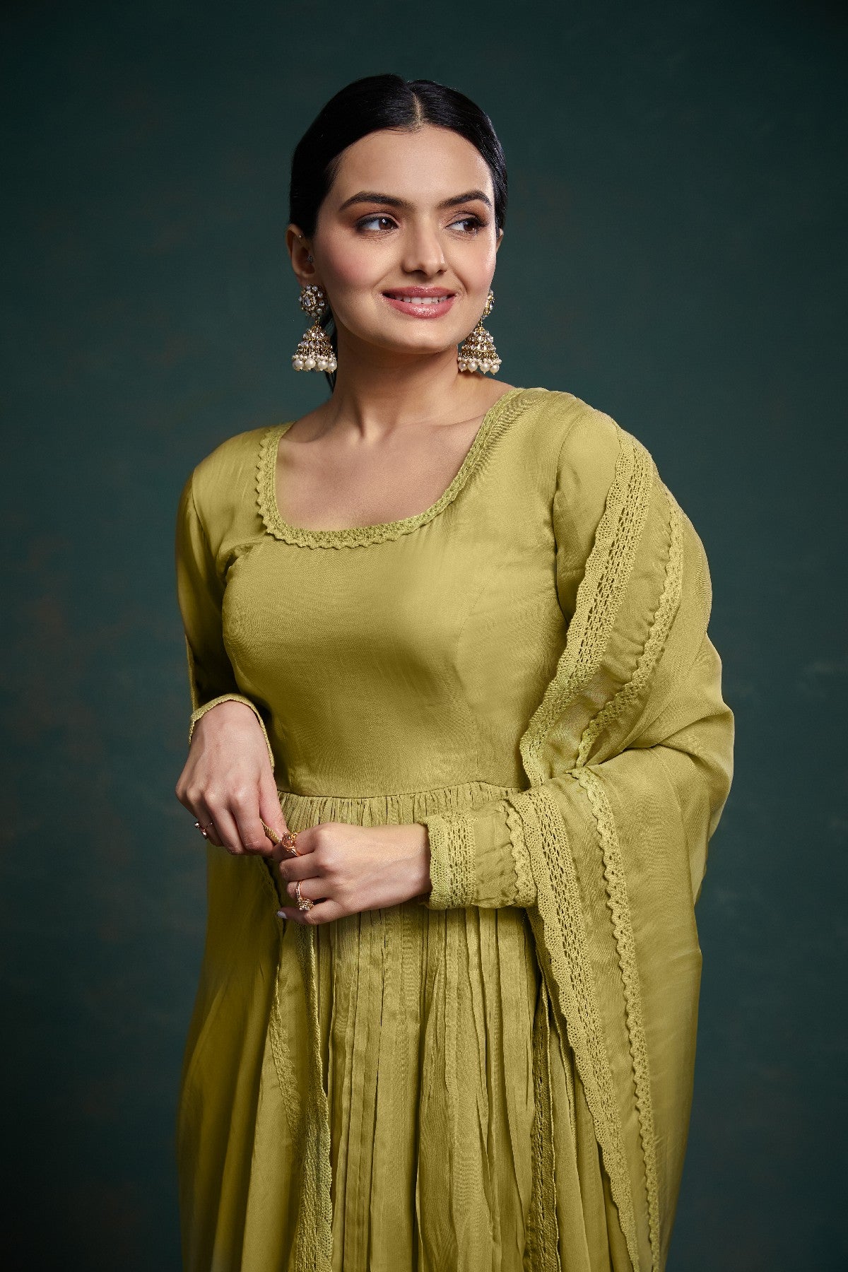 Green Organza Fully Stitched Fully Flared Anarkali Pant Suit - ETHNICDEAL