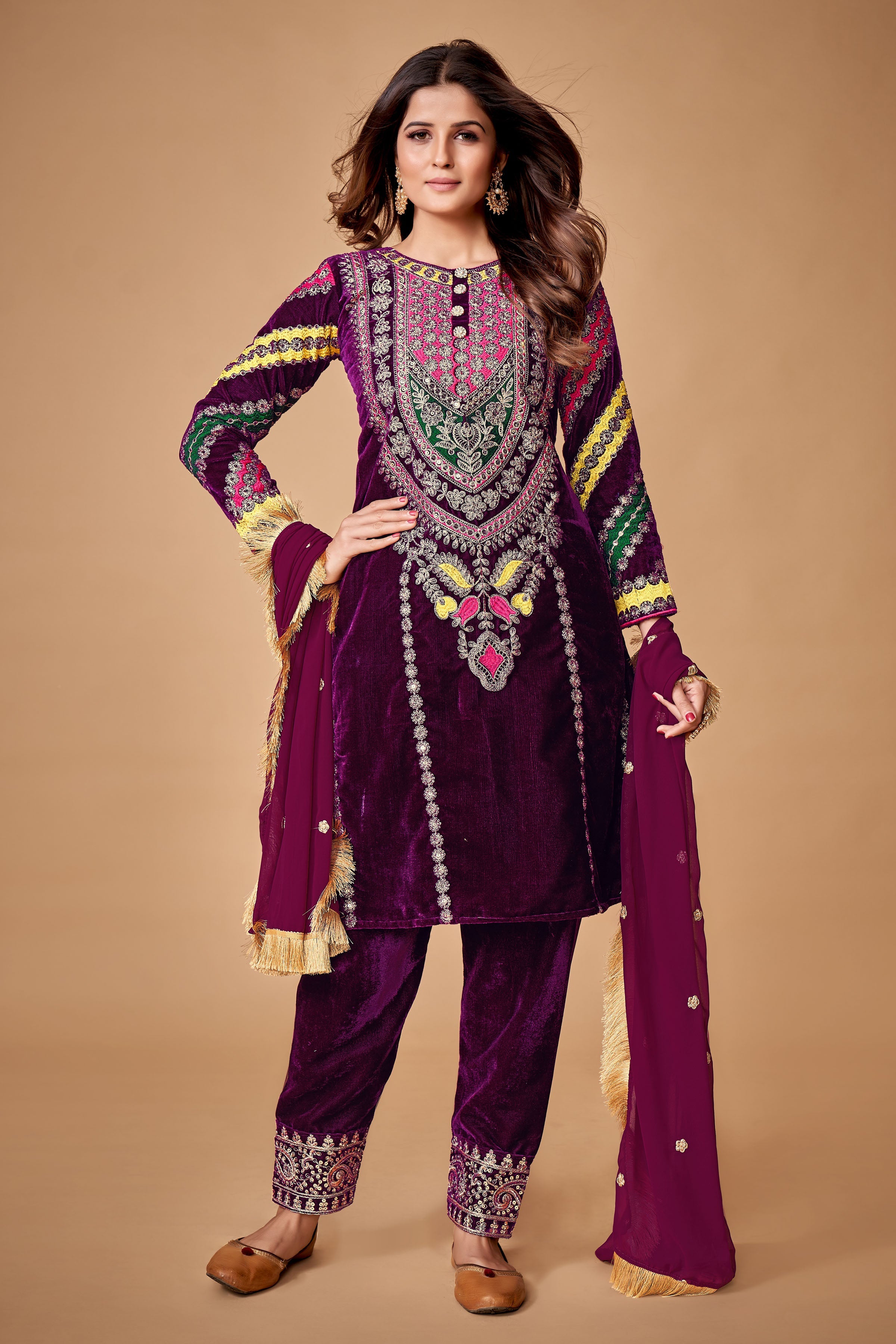 Royal Wine Viscose Velvet Embroidered Anarkali Pant Suit - ETHNICDEAL