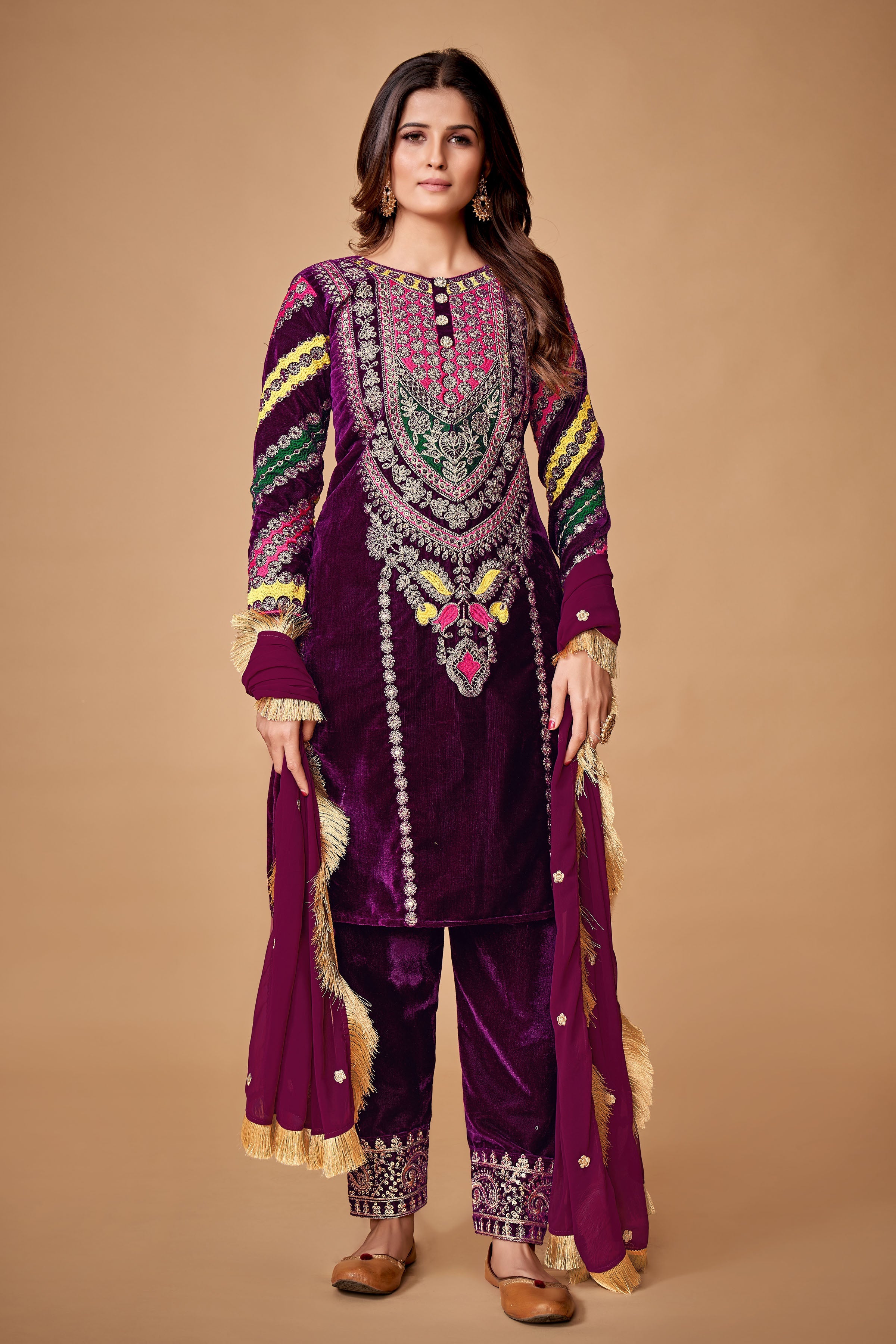 Royal Wine Viscose Velvet Embroidered Anarkali Pant Suit - ETHNICDEAL