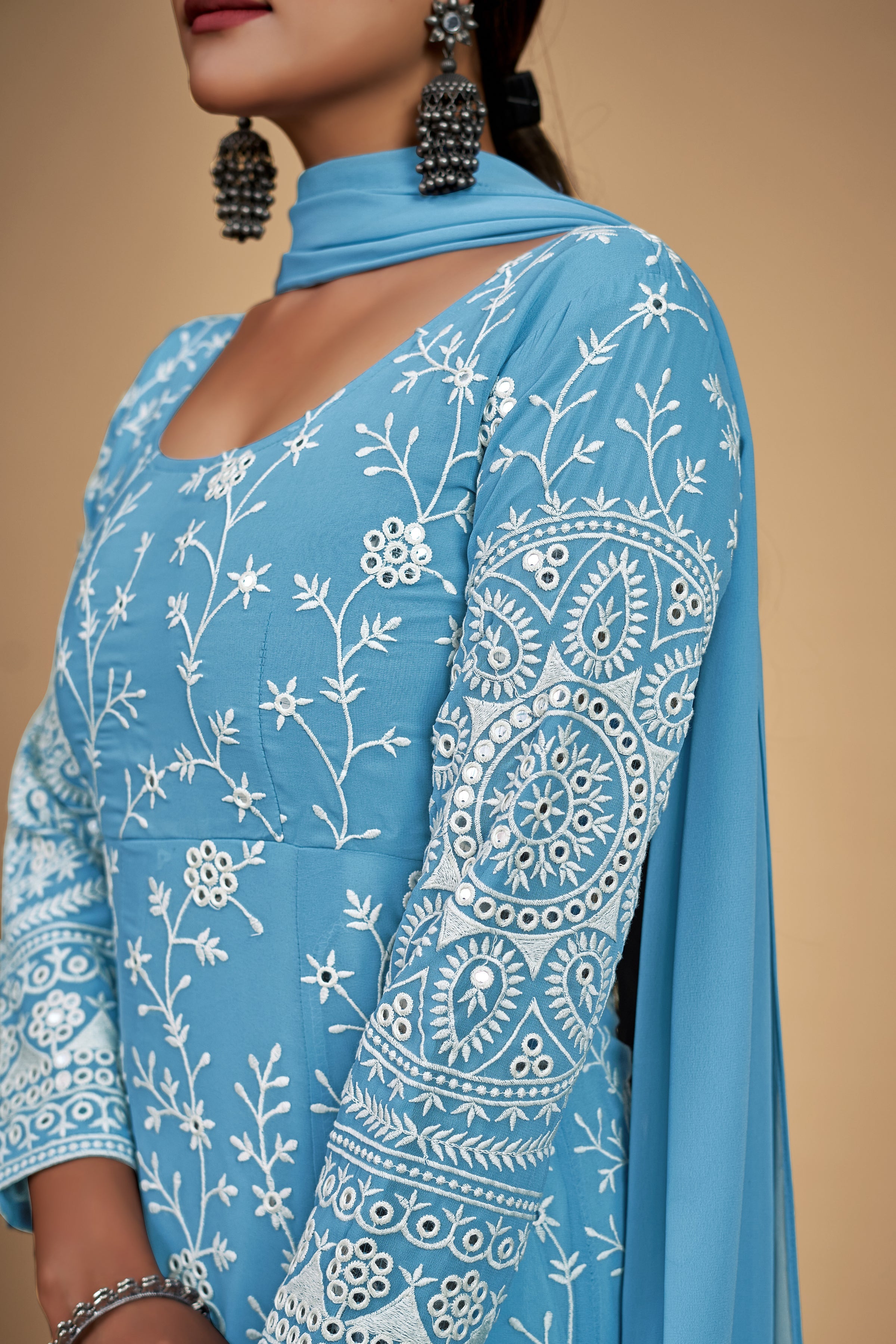 Sky Blue Elegant Georgette Embroidered Anarkali Pant Suit - ETHNICDEAL