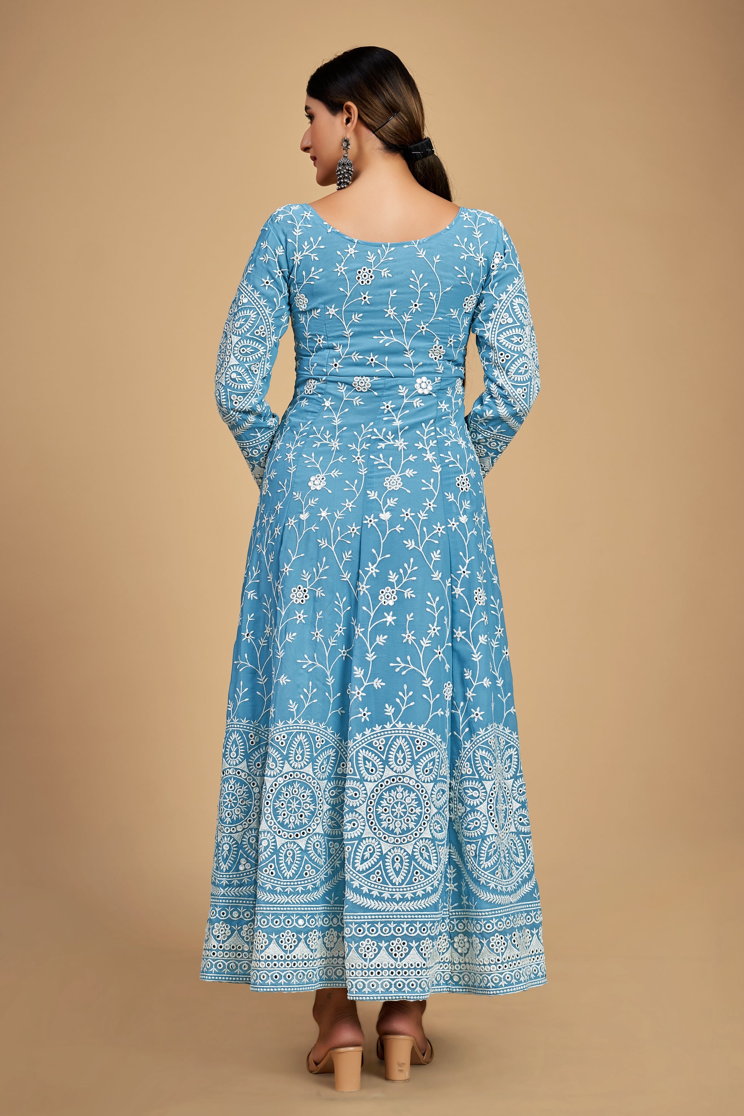 Sky Blue Elegant Georgette Embroidered Anarkali Pant Suit - ETHNICDEAL
