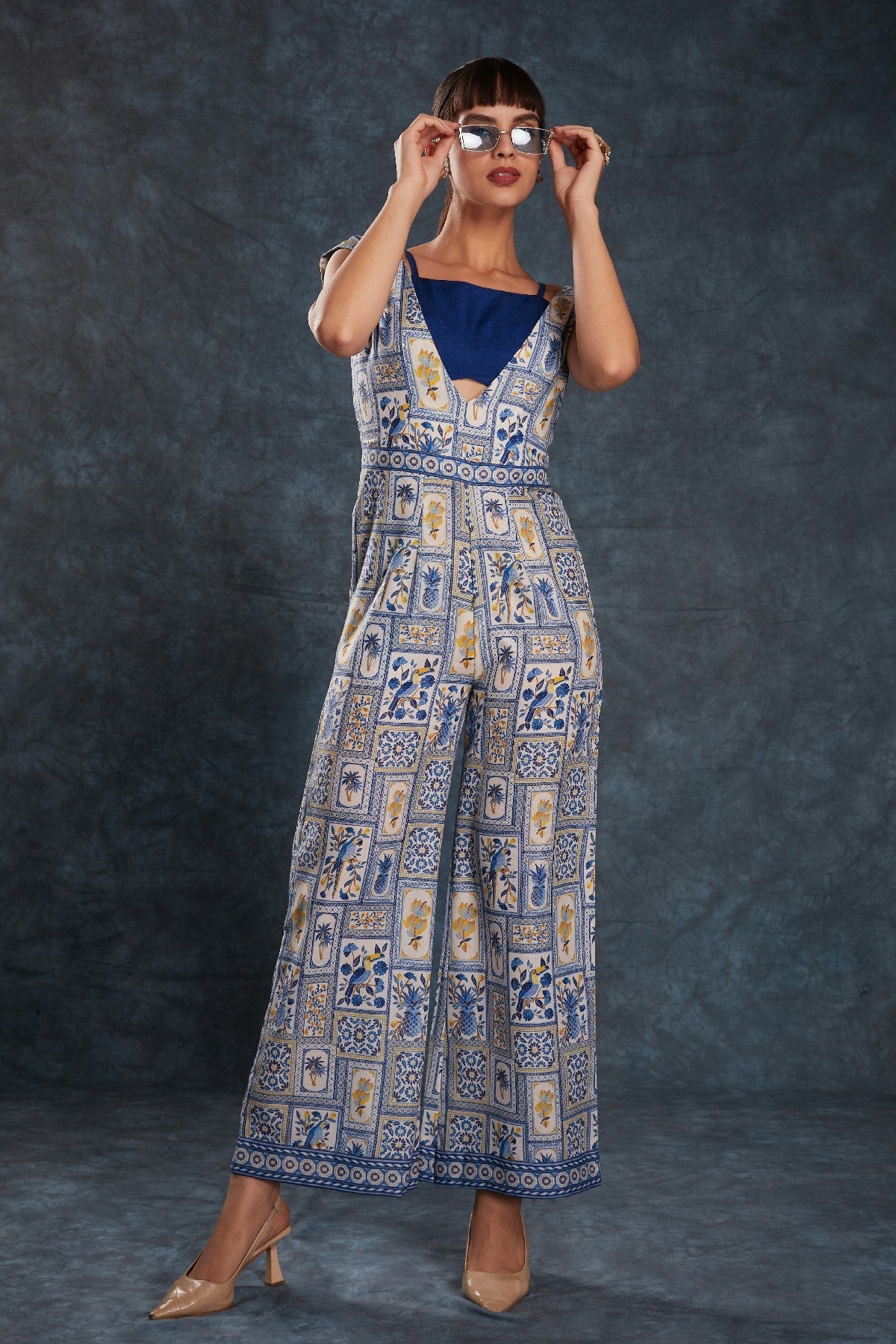 Navy Blue Printed Linen Jumpsuit with Blouse – Chic & Contemporary Fusion - ETHNICDEAL