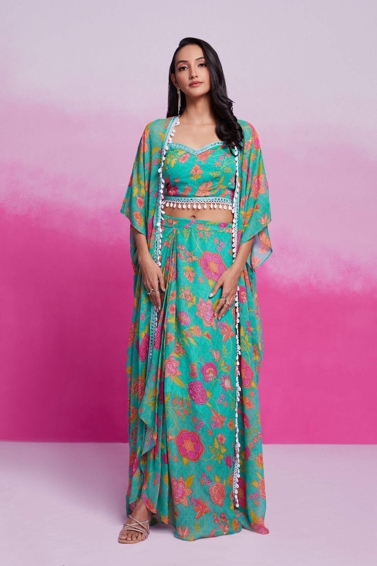 Turquoise Printed & Embroidered Georgette Co-Ord Set - ETHNICDEAL