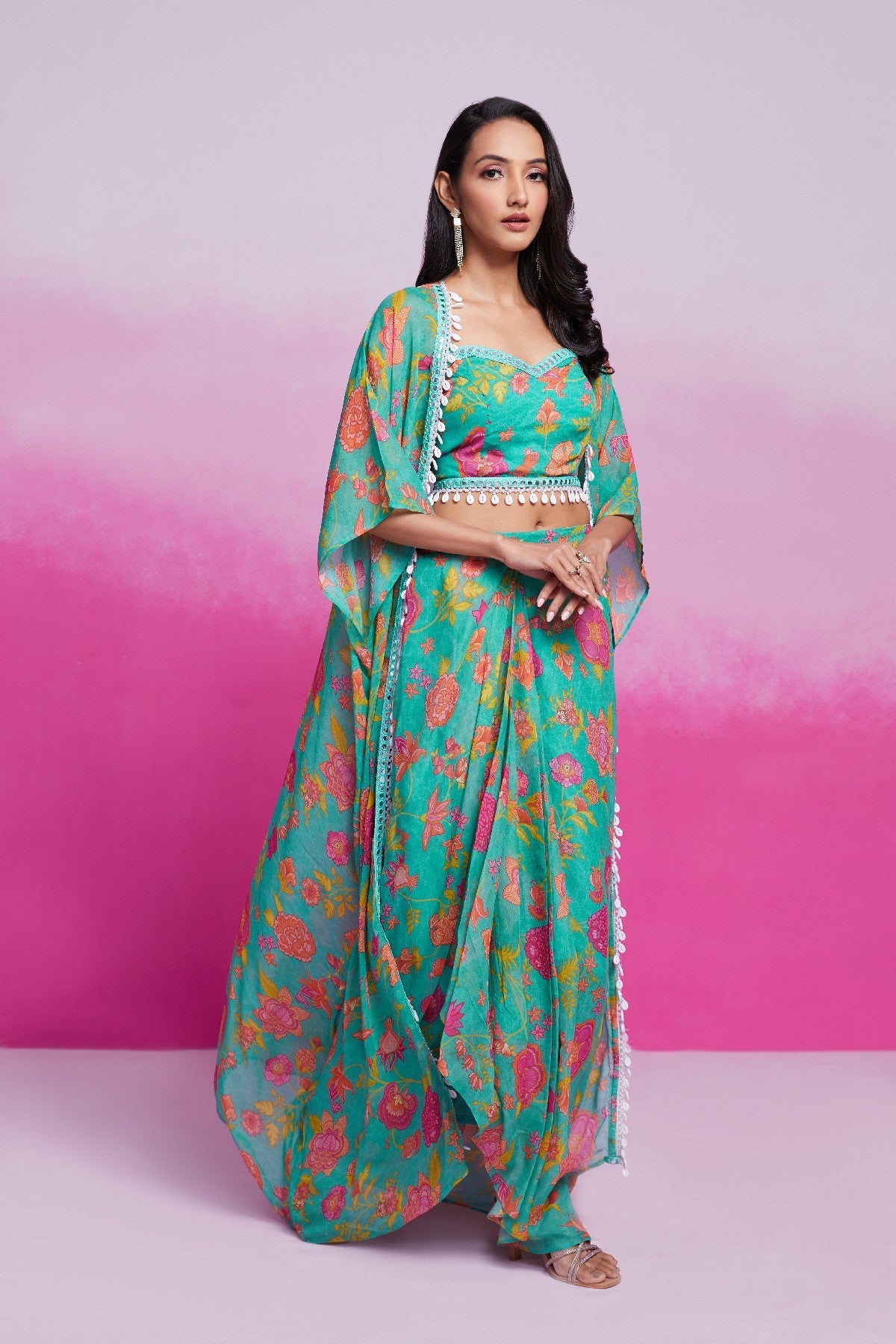Turquoise Printed & Embroidered Georgette Co-Ord Set - ETHNICDEAL