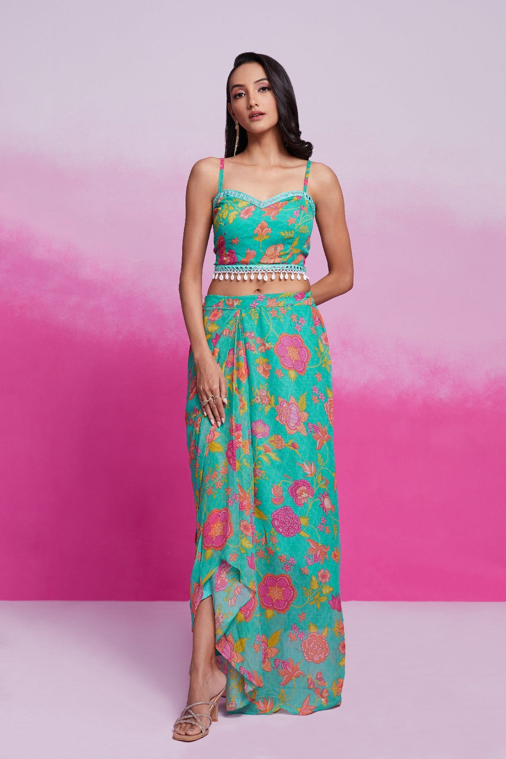 Turquoise Printed & Embroidered Georgette Co-Ord Set - ETHNICDEAL