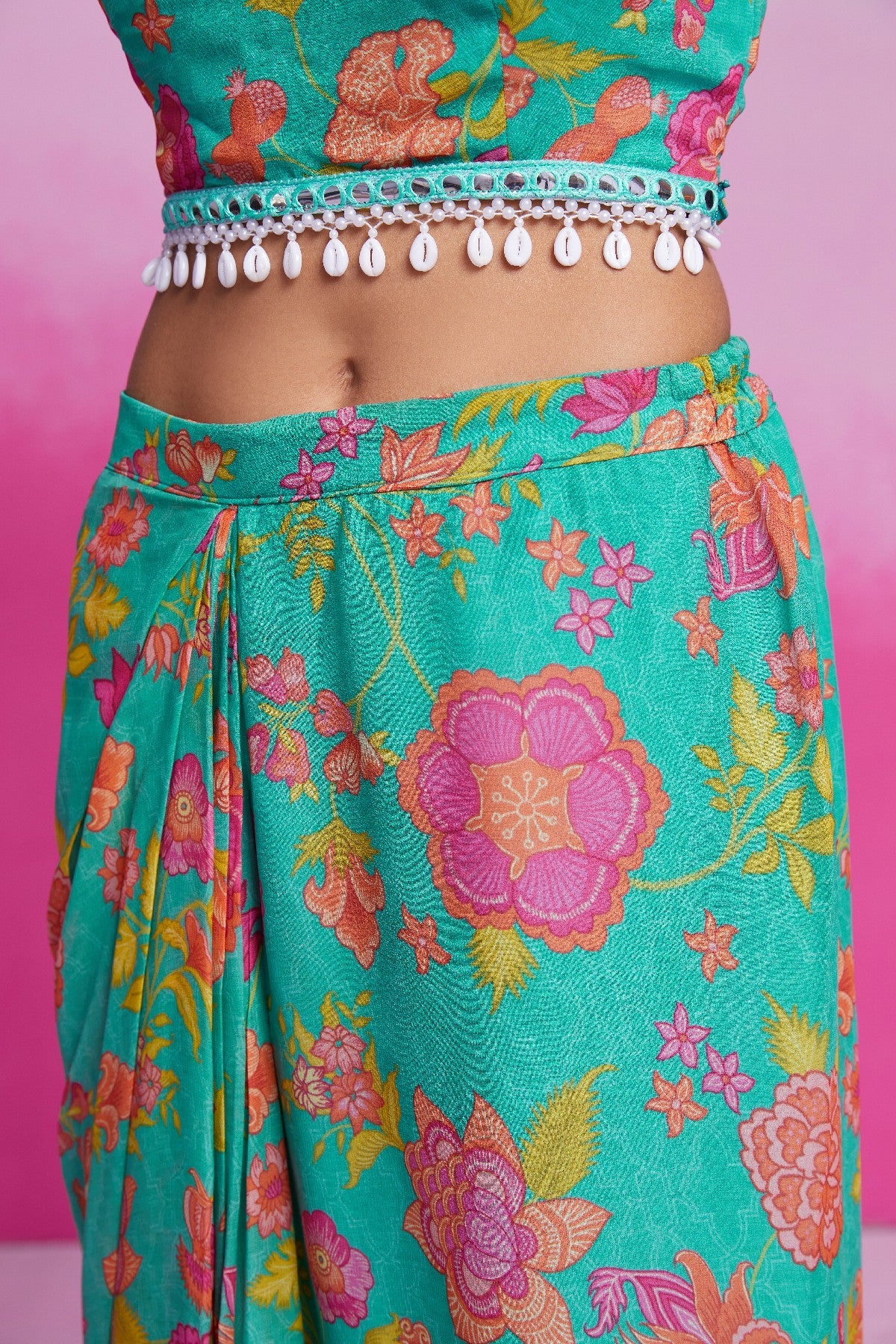 Turquoise Printed & Embroidered Georgette Co-Ord Set - ETHNICDEAL