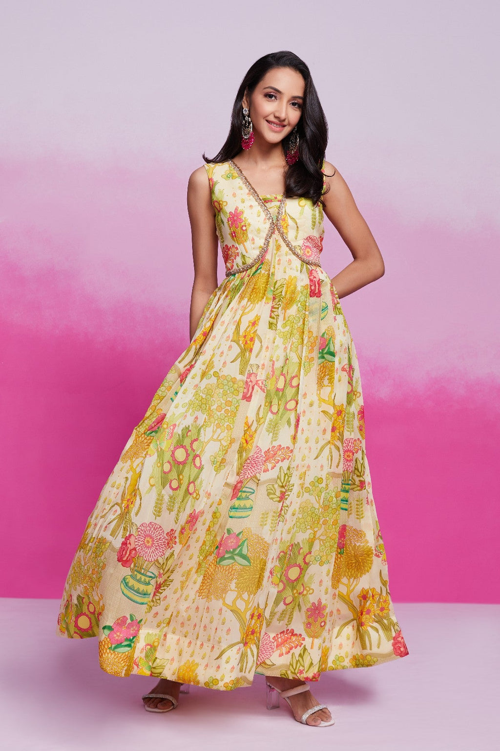 Amazing Yellow Handworked Floral Printed Organza Gown - ETHNICDEAL