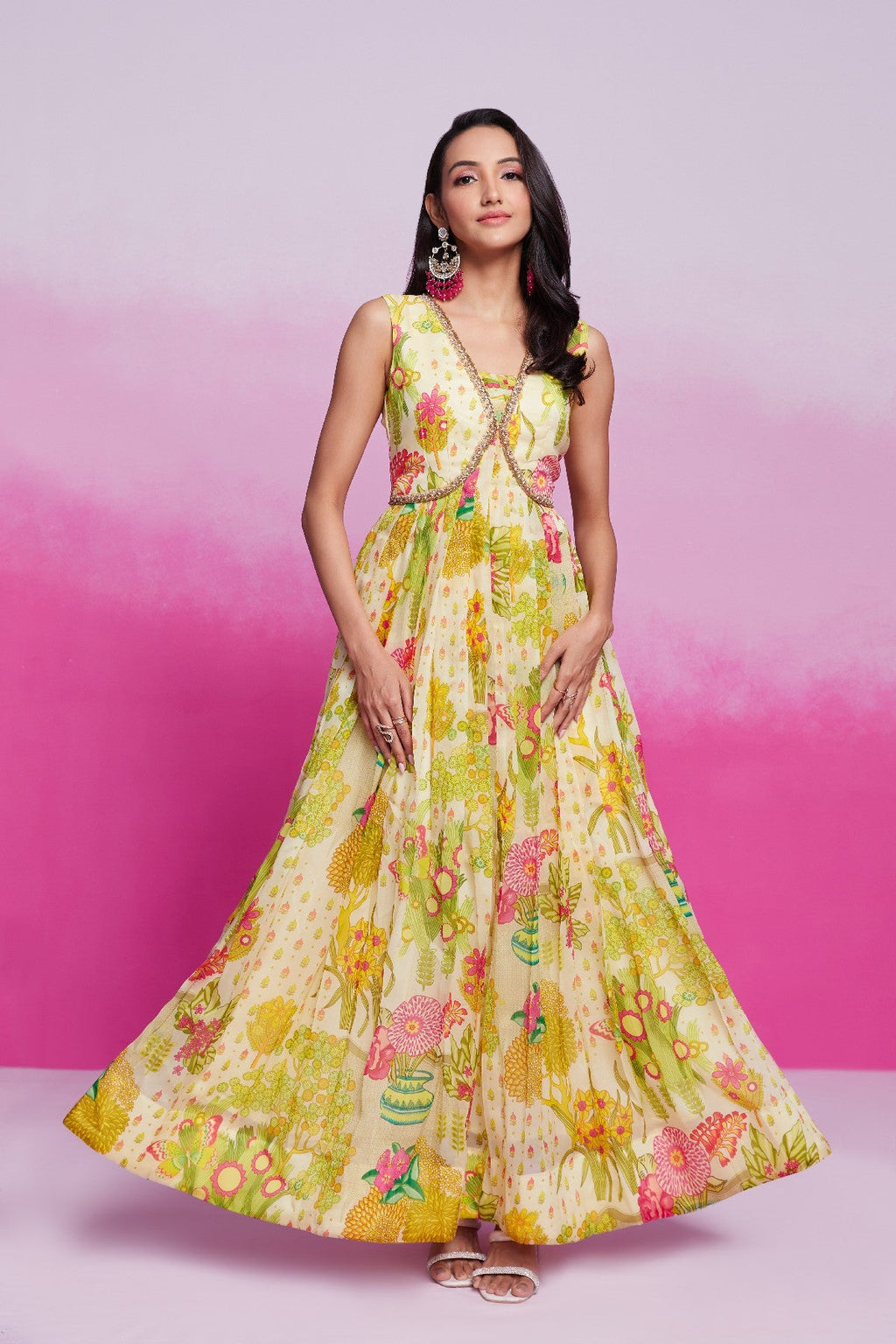Amazing Yellow Handworked Floral Printed Organza Gown - ETHNICDEAL