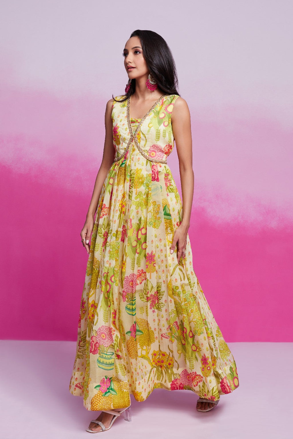Amazing Yellow Handworked Floral Printed Organza Gown - ETHNICDEAL