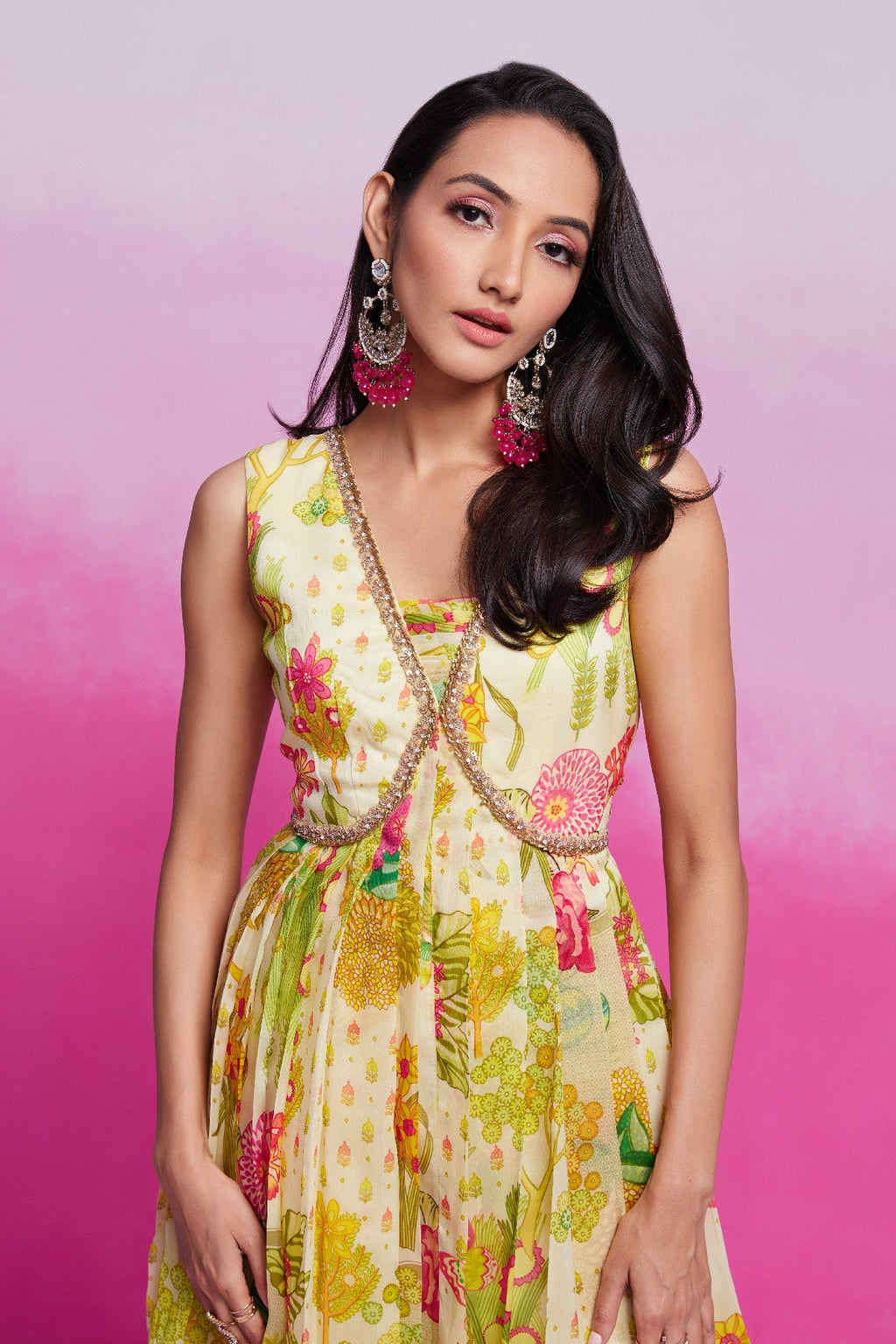 Amazing Yellow Handworked Floral Printed Organza Gown - ETHNICDEAL