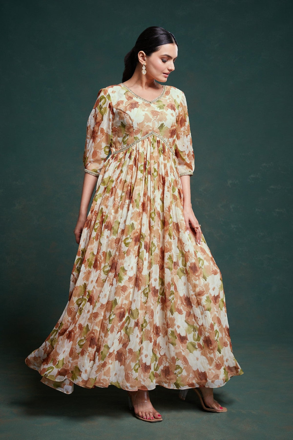 Graceful Floral Printed Ready To Wear Chiffon Gown - ETHNICDEAL