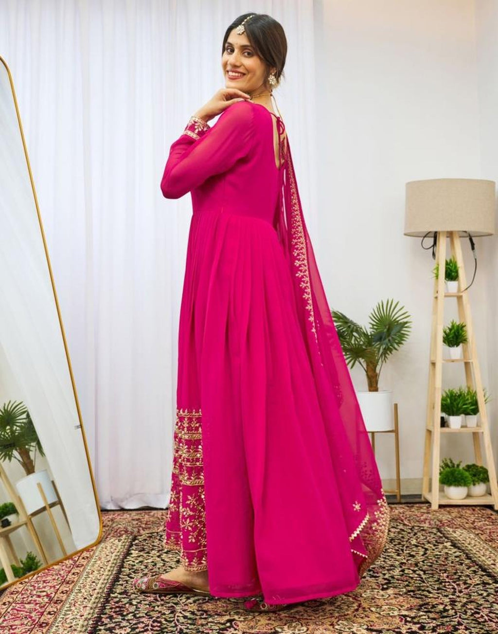 Graceful Pink Georgette Sequins Embroidered Gown With Dupatta - ETHNICDEAL