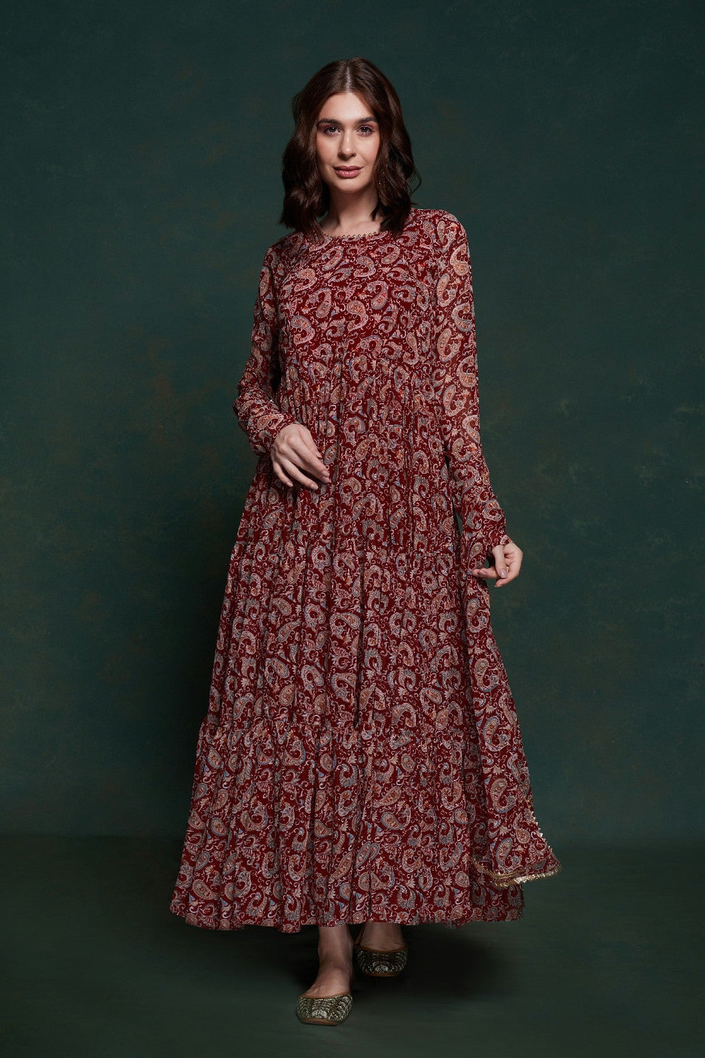 Maroon Kalamkari Printed Georgette Gown With Dupatta - ETHNICDEAL