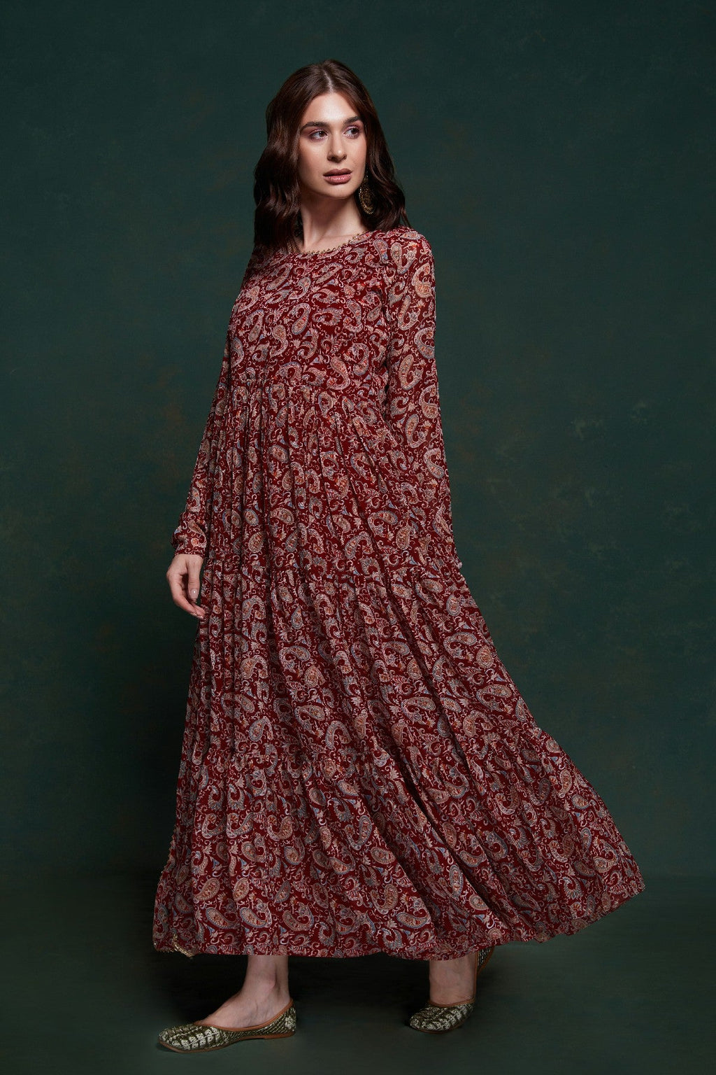 Maroon Kalamkari Printed Georgette Gown With Dupatta - ETHNICDEAL