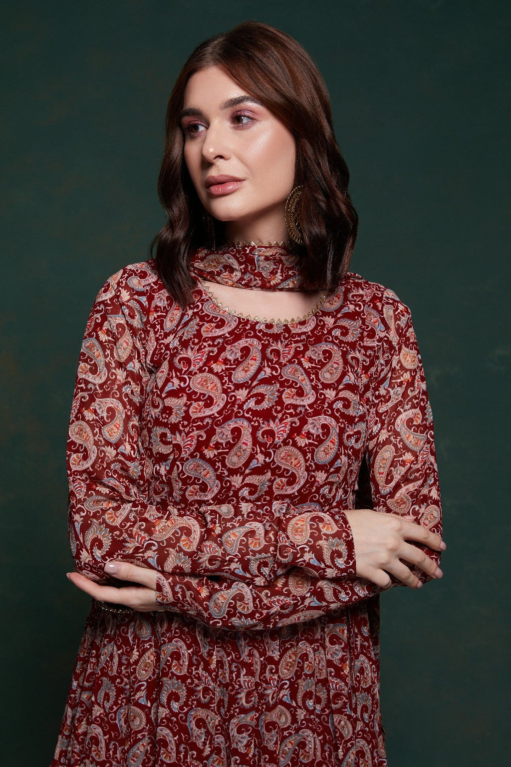 Maroon Kalamkari Printed Georgette Gown With Dupatta - ETHNICDEAL