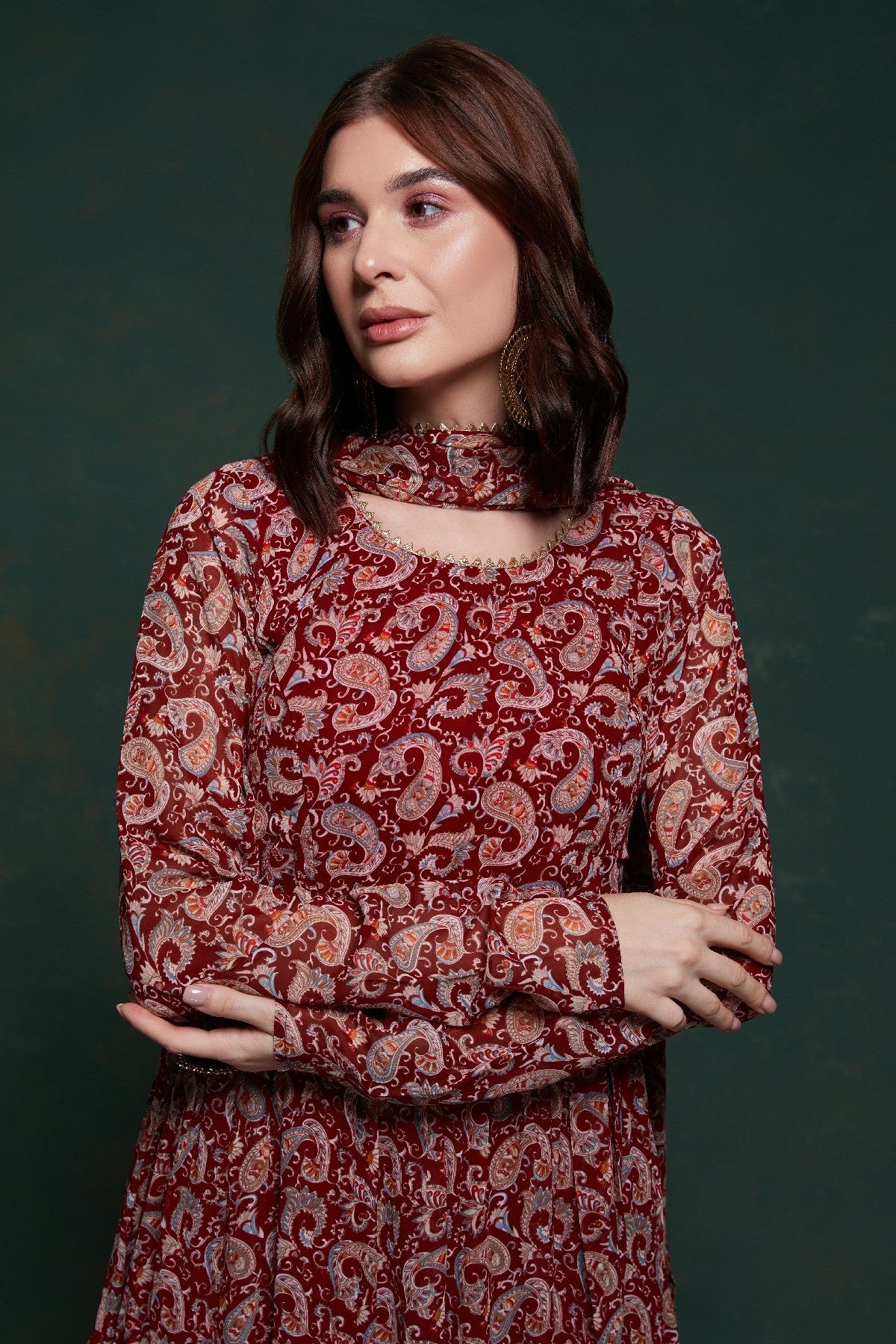 Maroon Kalamkari Printed Georgette Gown With Dupatta - ETHNICDEAL