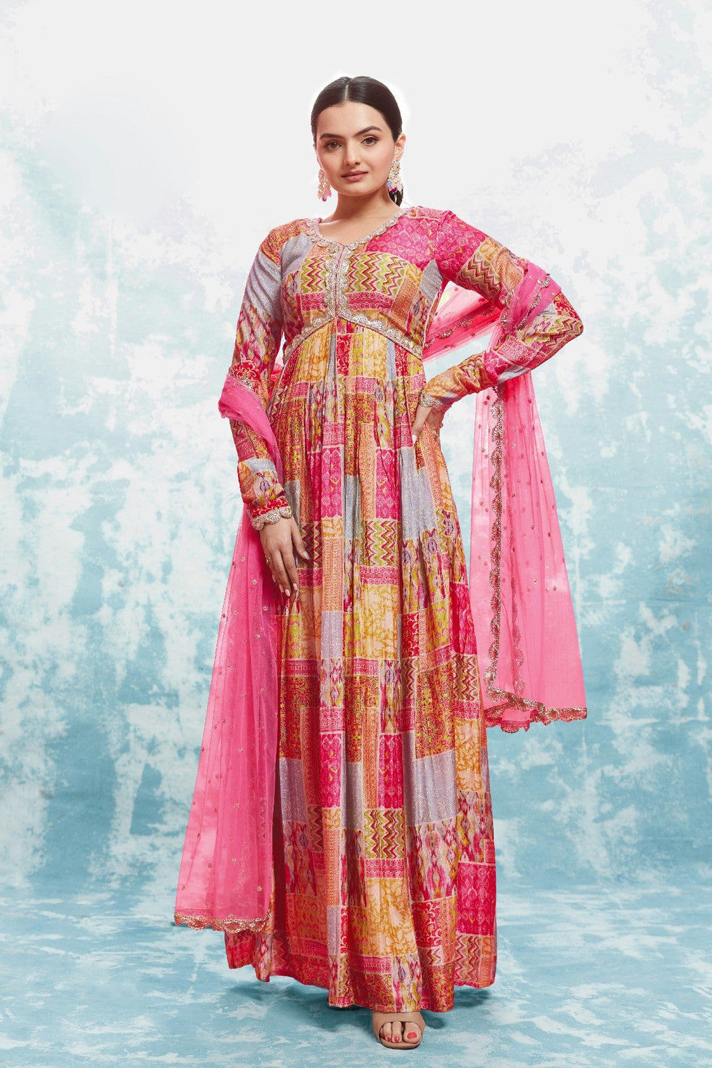 Stylish Digital Printed Cotton Gown With Net Dupatta - ETHNICDEAL