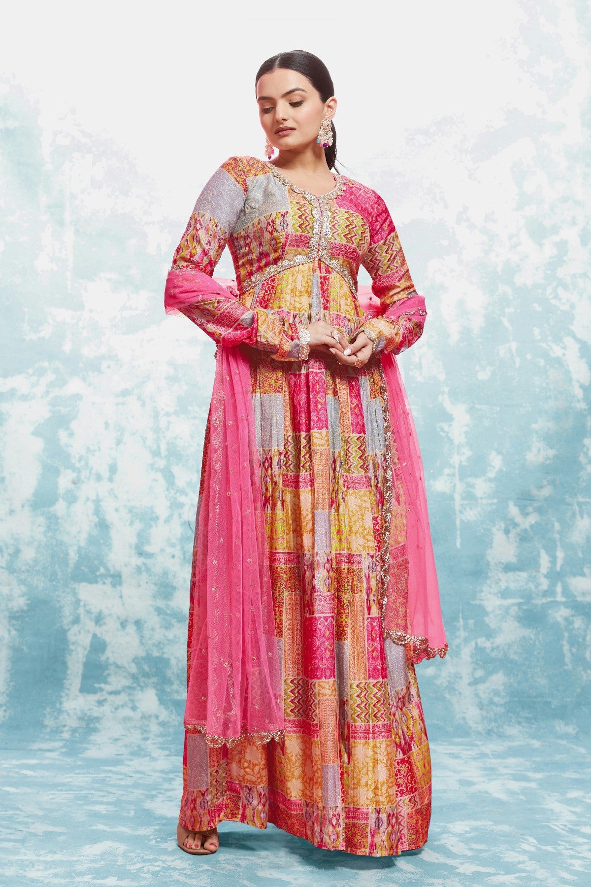 Stylish Digital Printed Cotton Gown With Net Dupatta - ETHNICDEAL