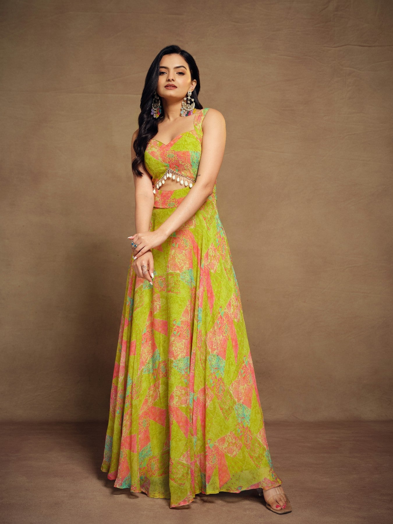 Stylish Parrot Green Floral Digital Printed Fully Stitched Gown - ETHNICDEAL