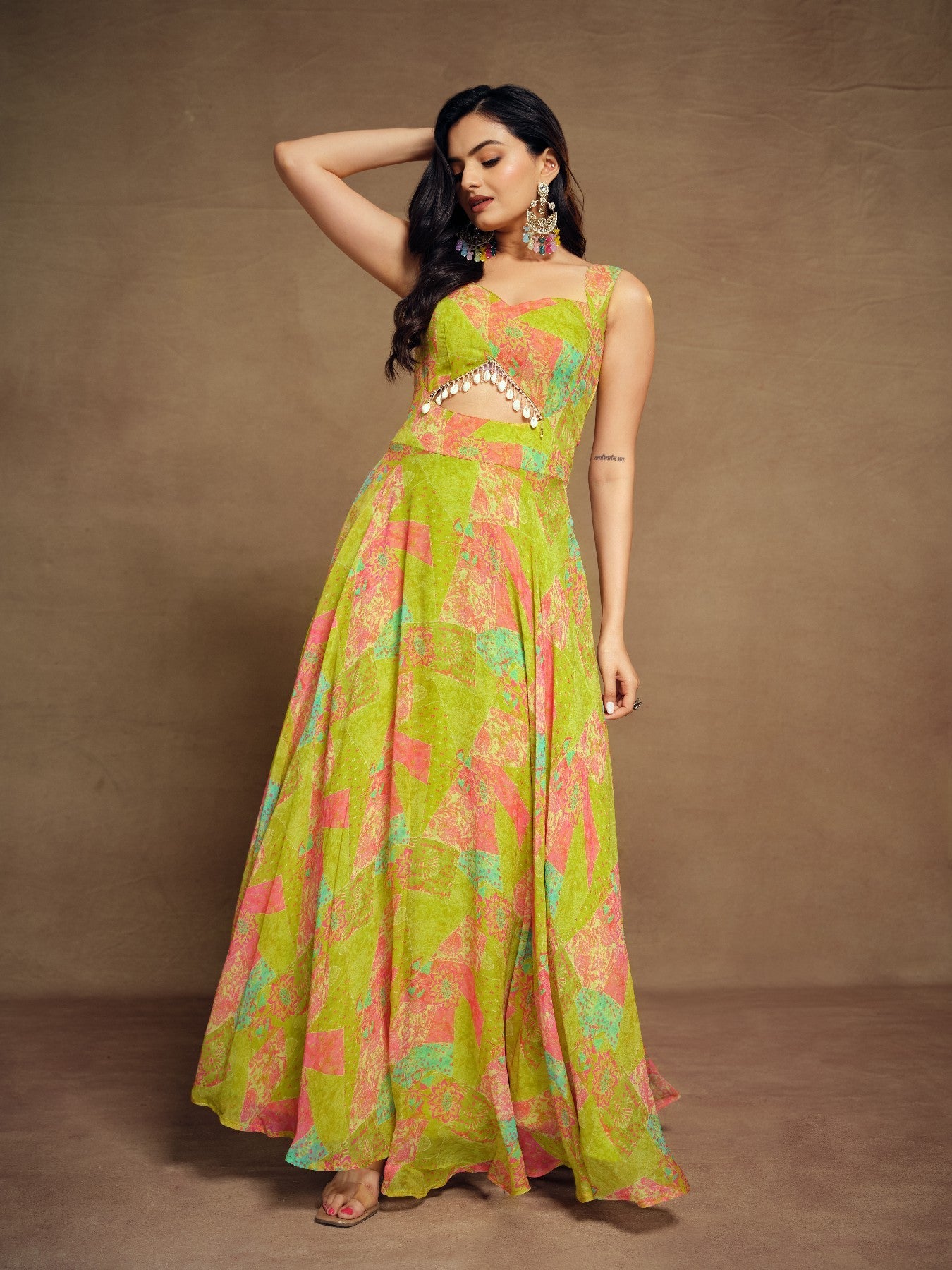 Stylish Parrot Green Floral Digital Printed Fully Stitched Gown - ETHNICDEAL