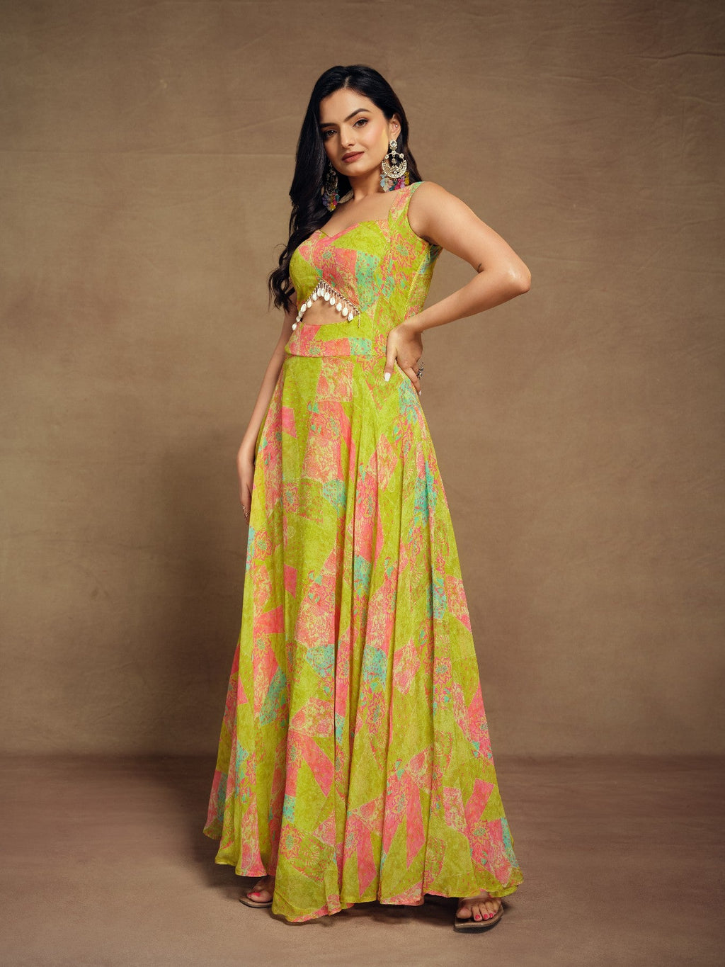 Stylish Parrot Green Floral Digital Printed Fully Stitched Gown - ETHNICDEAL