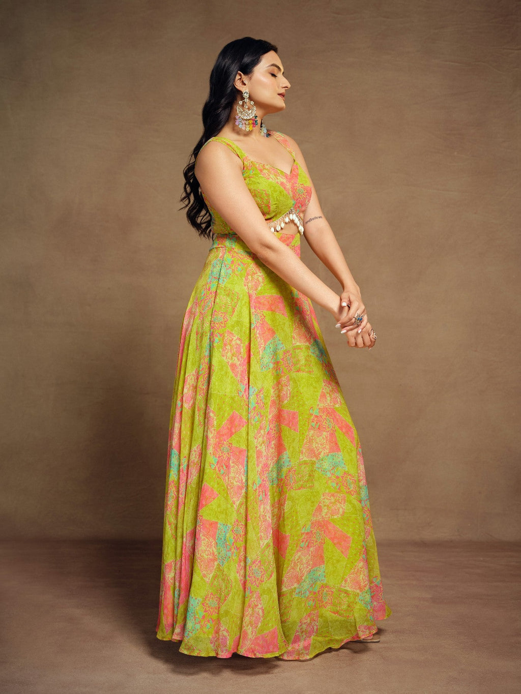 Stylish Parrot Green Floral Digital Printed Fully Stitched Gown - ETHNICDEAL
