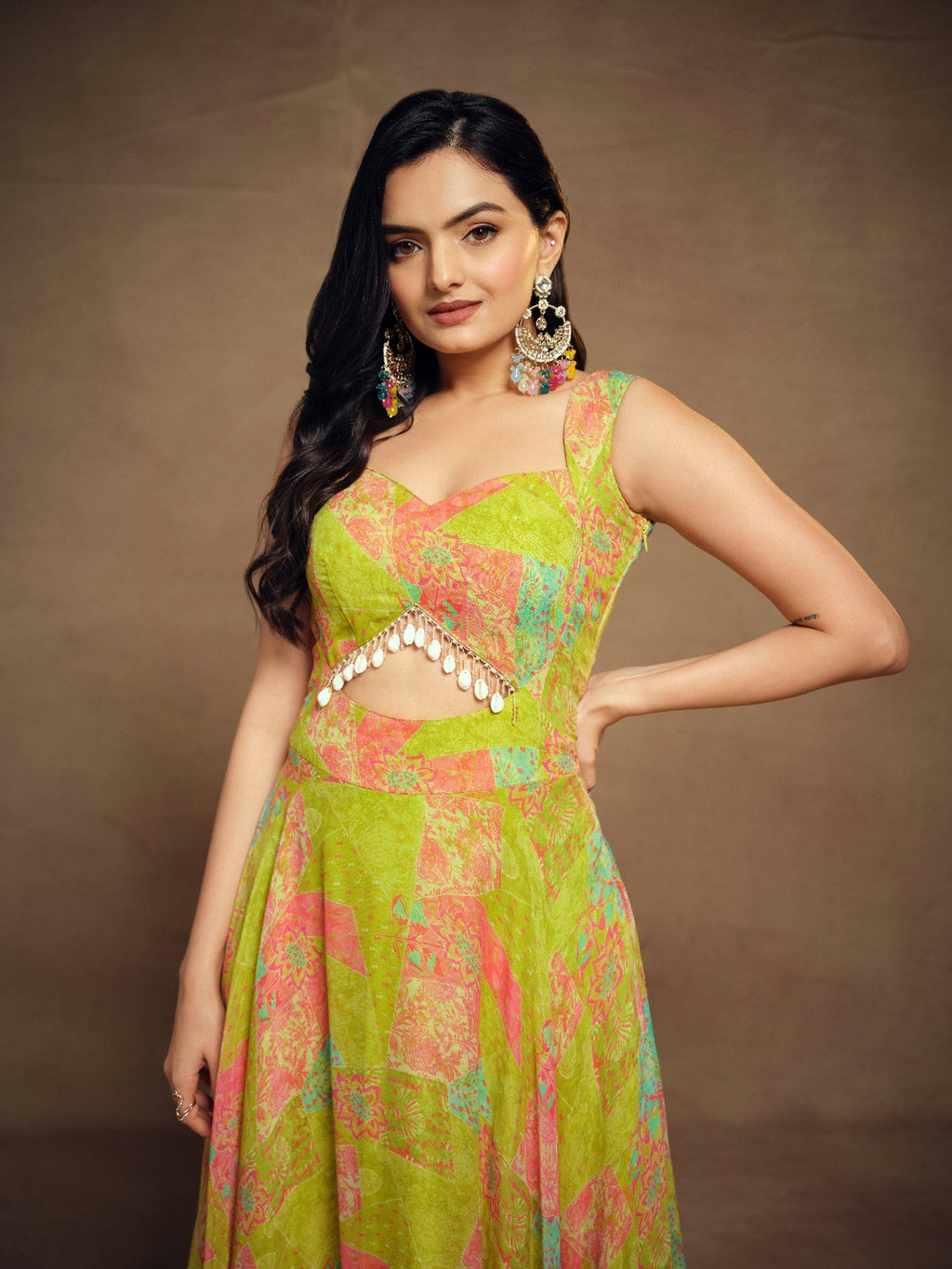 Stylish Parrot Green Floral Digital Printed Fully Stitched Gown - ETHNICDEAL