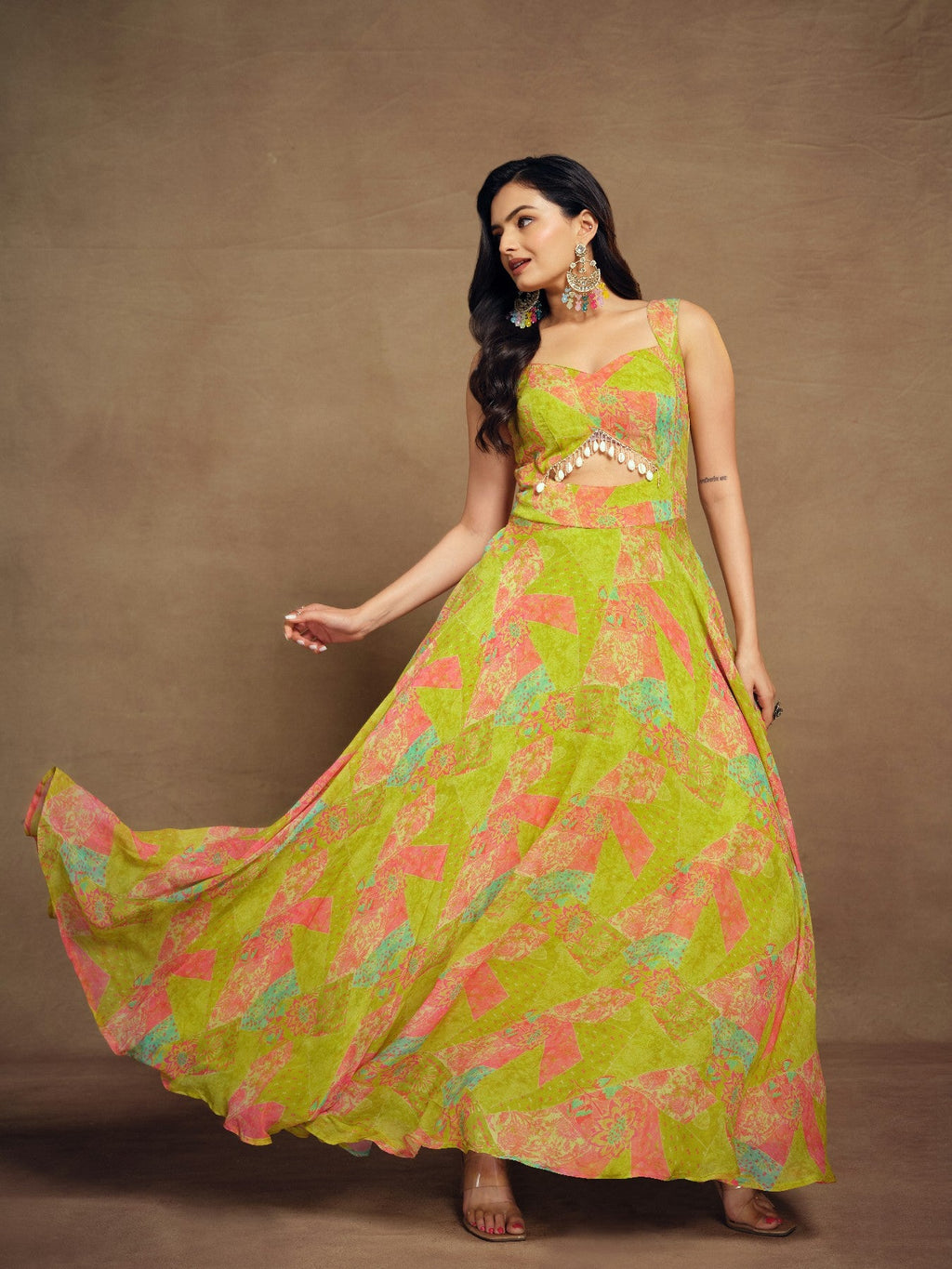 Stylish Parrot Green Floral Digital Printed Fully Stitched Gown - ETHNICDEAL