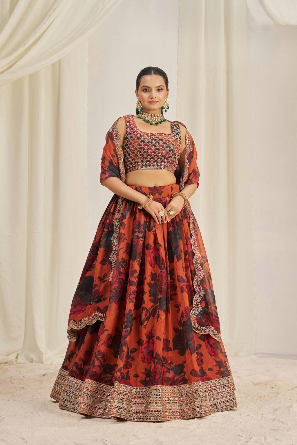 Stunning Floral Printed Sequins Embroidered Organza Lehenga Set - ETHNICDEAL